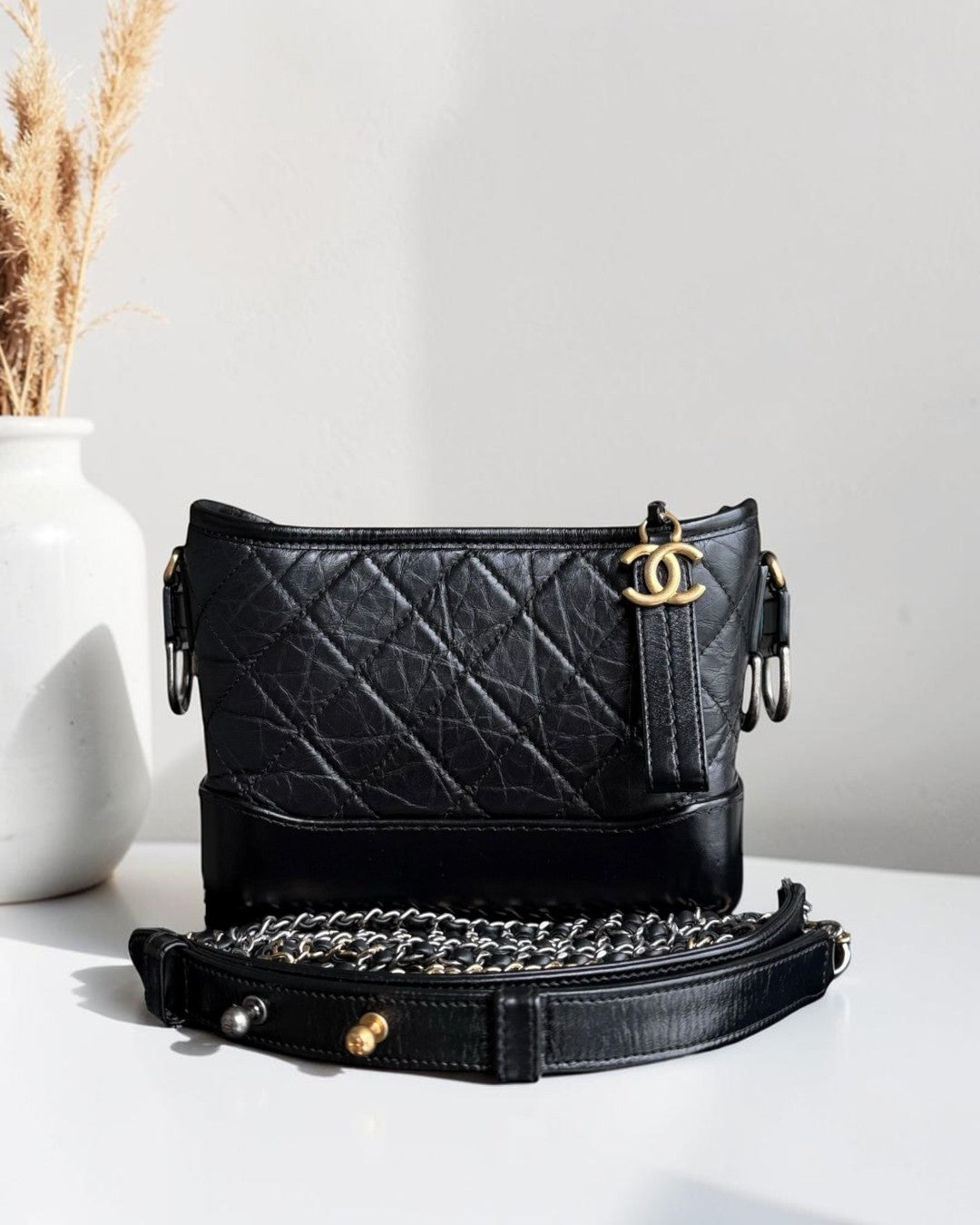 Chanel Gabrielle Small - Quilted Aged Calfskin Black Two-tone Gold Hardware