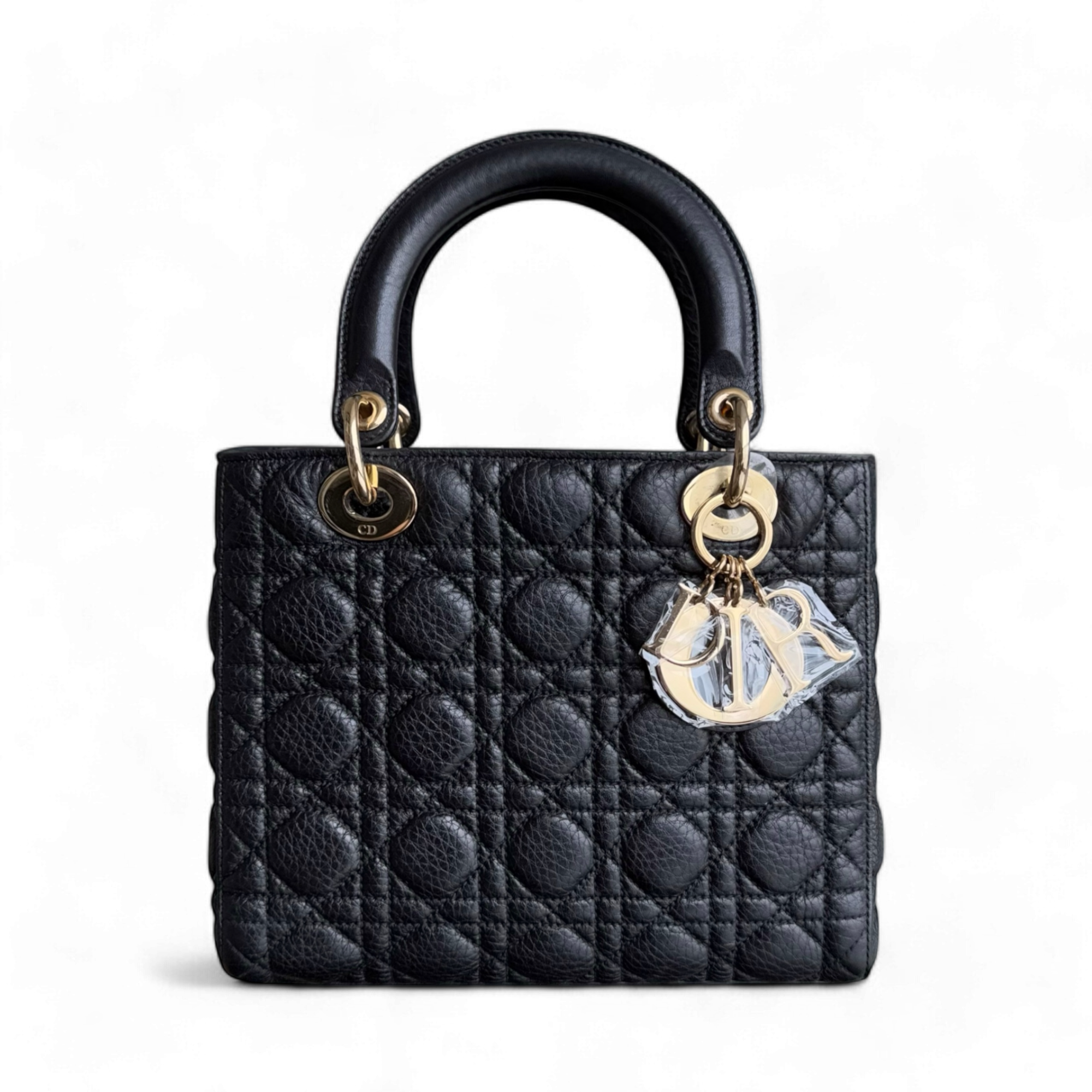 *No Strap* Dior Lady Flap Medium - Grained Calfskin Cannage Flap Open Black Gold Hardware