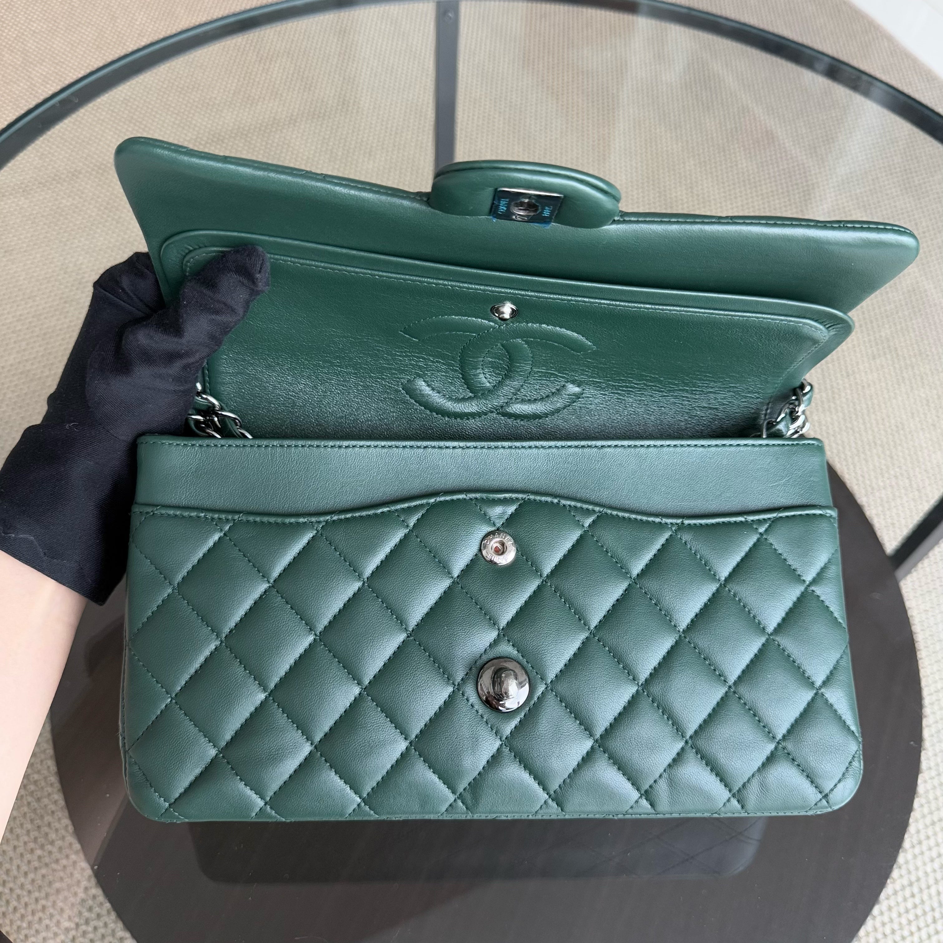 Chanel Classic Flap Medium - 25CM Quilted Lambskin Dark Green Silver Hardware Series 23