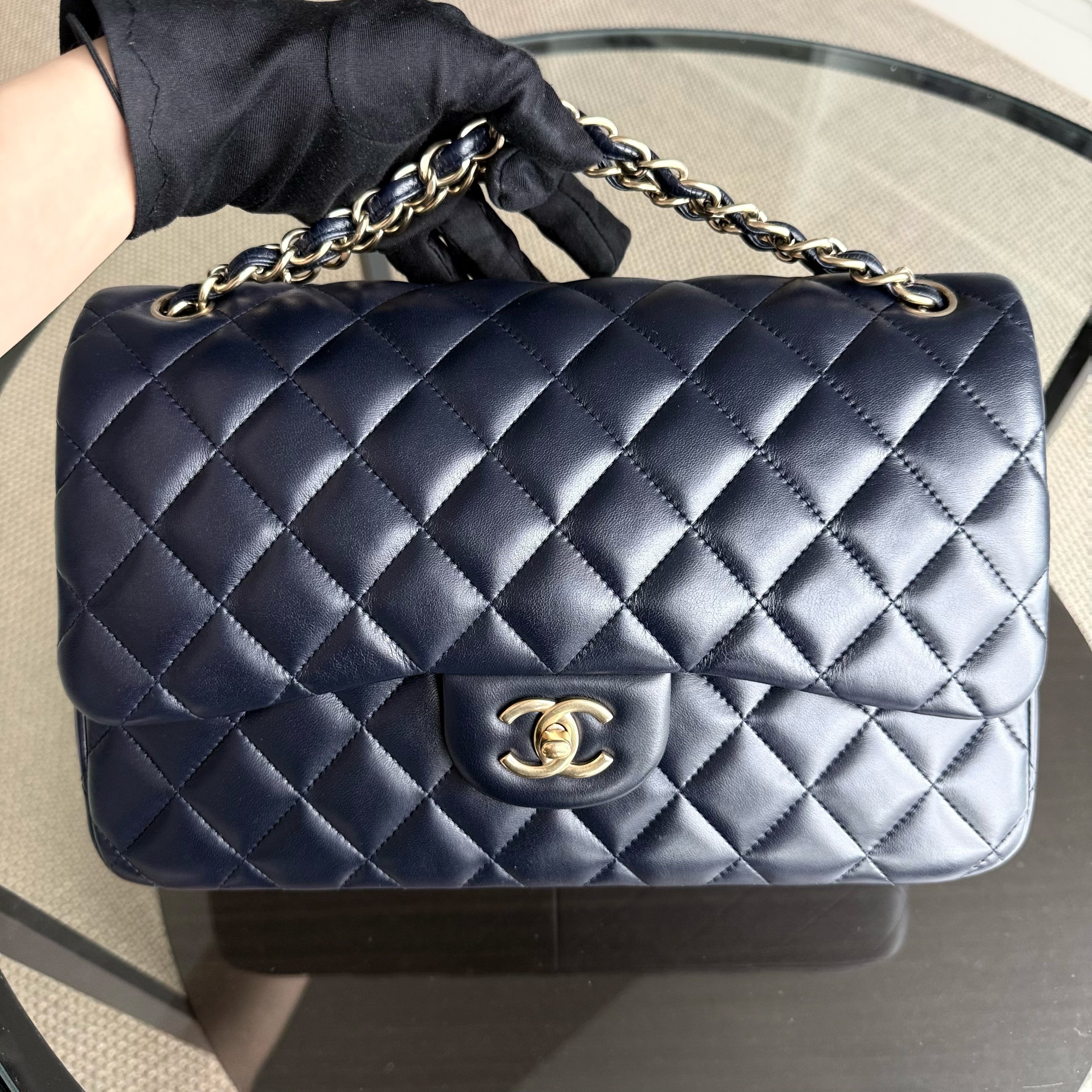 Chanel Classic Flap Jumbo - Double Flap 30CM Quilted Lambskin Dark Midnight Blue Gold Hardware Series 20