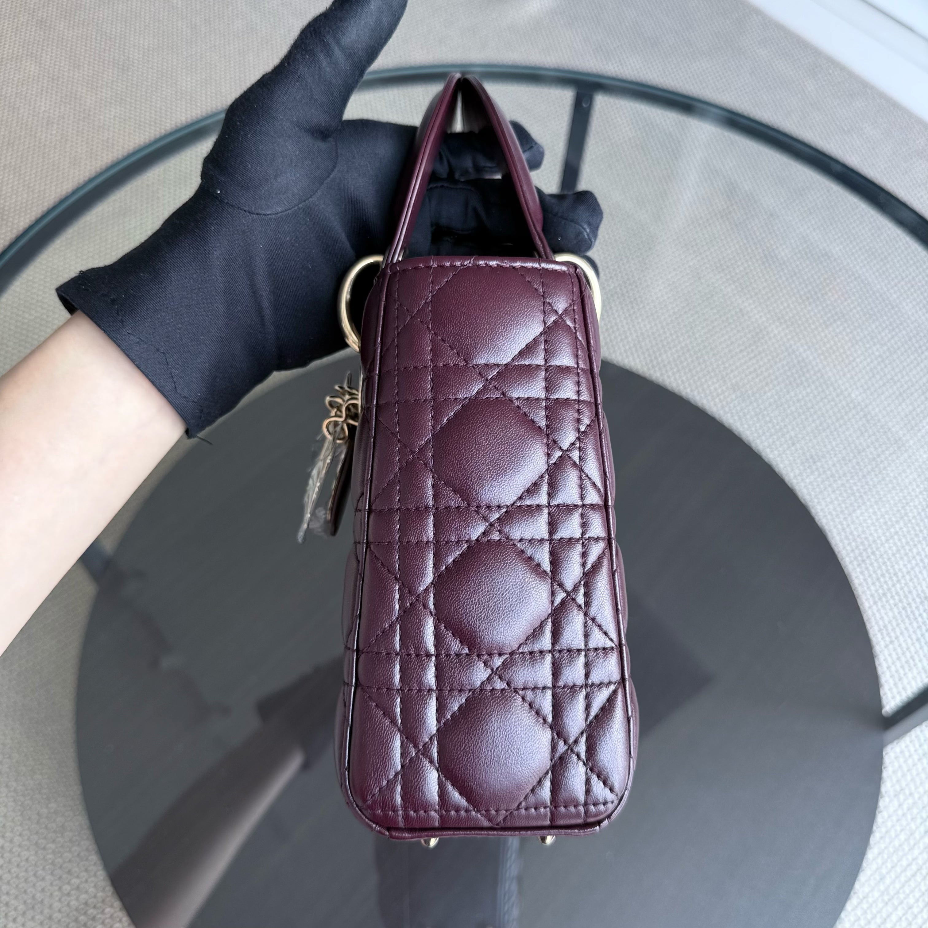Dior Lady Small Flap - Cannage Lambskin Burgundy Red Gold Hardware