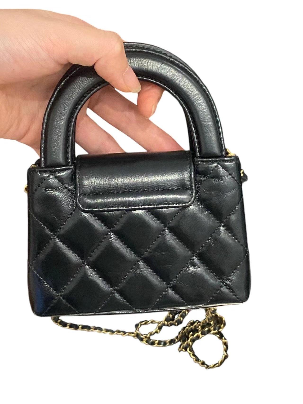 Chanel Micro Kelly Nano Bag in Black Calfskin and Aged Golden Hardware