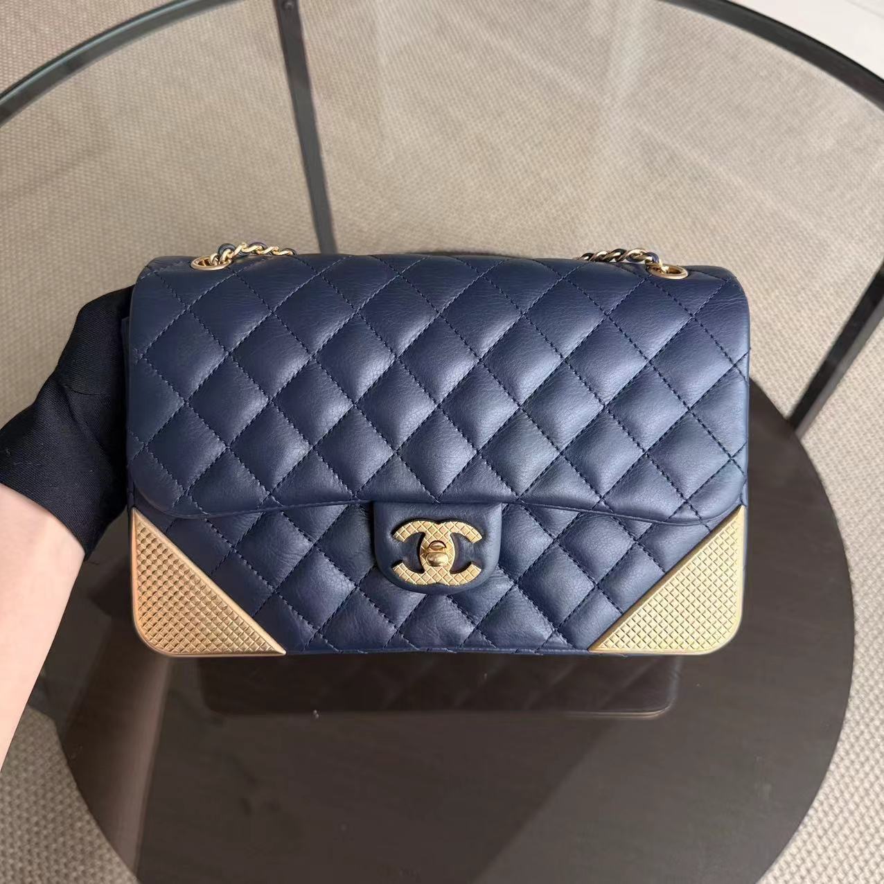 Chanel Classic Flap Medium - 25CM Rock The Corner Seasonal Gold Plate Quilted Calfskin Navy Blue Gold Hardware Series 24