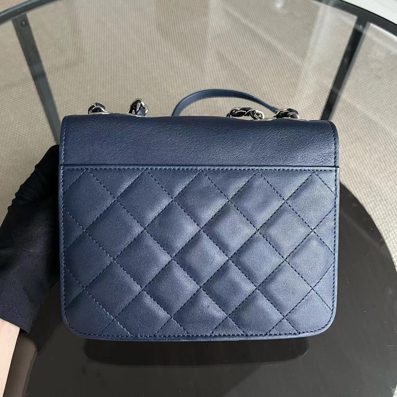 *Full Set, Receipt* Small CC Box Flap Bag Quilted Calfskin Dark Blue Silver Hardware Series 25