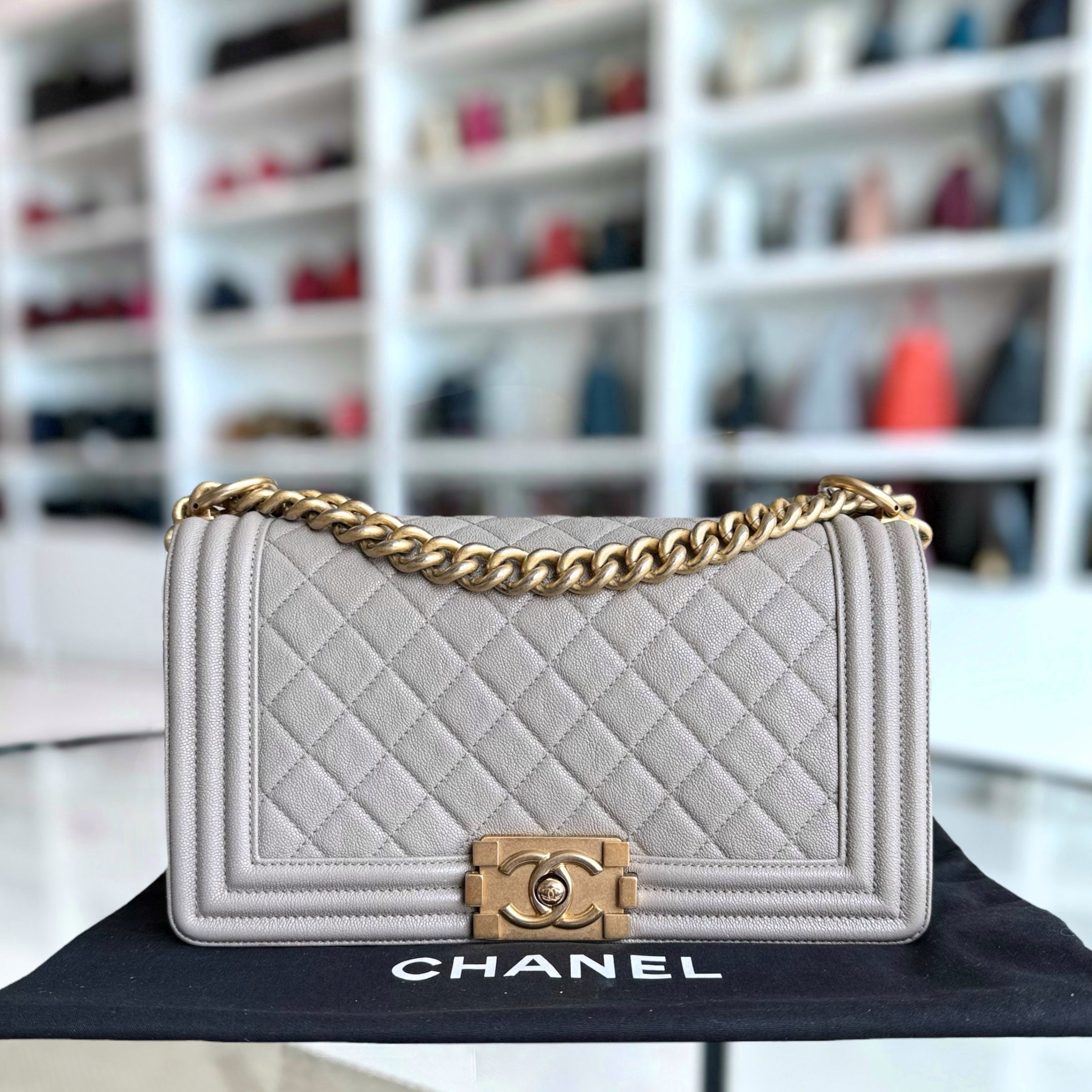 Chanel Boy Medium - Caviar 25CM Quilted Light Grey Gold Hardware