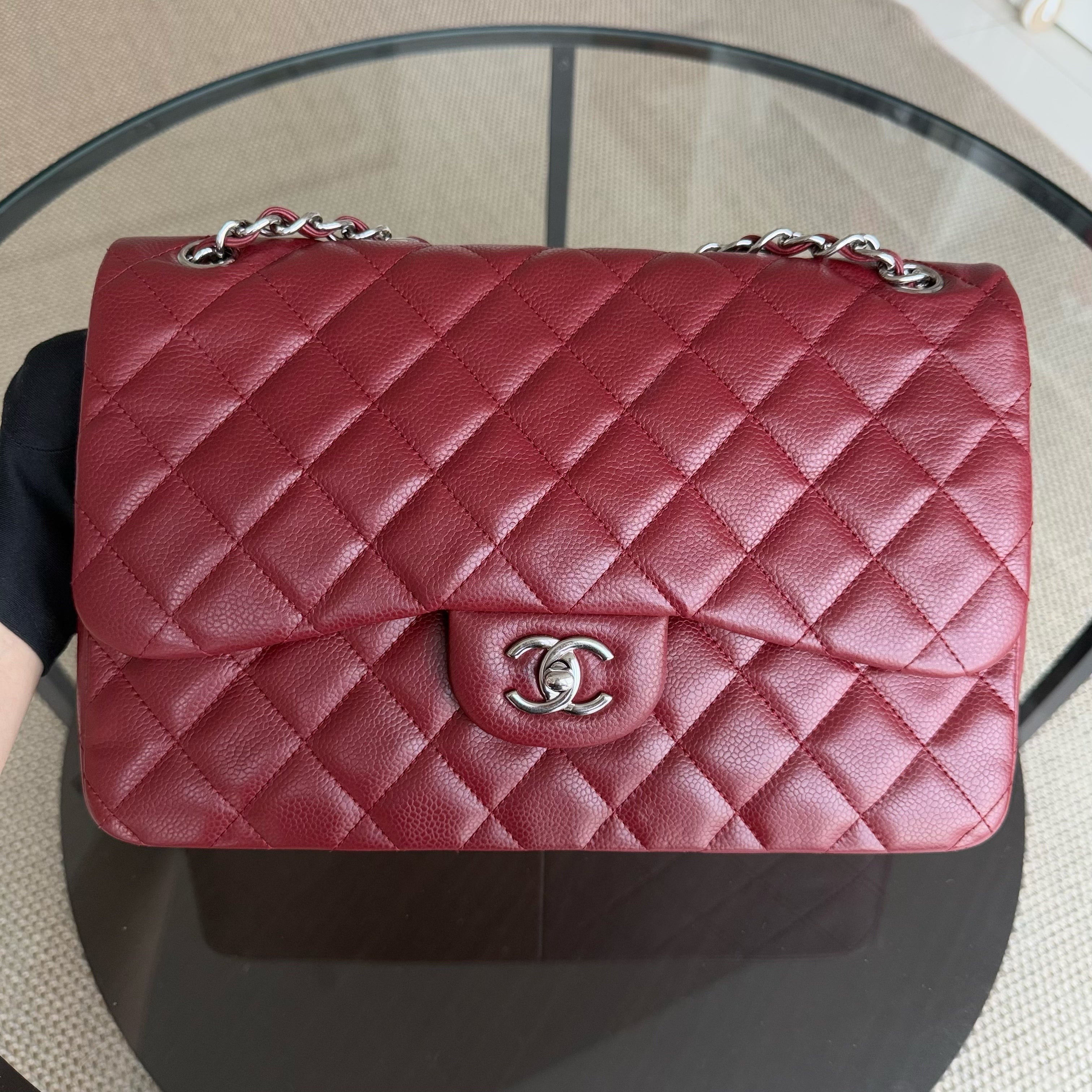 Chanel Classic Flap Jumbo - Caviar Double Flap Quilted Burgundy Dark Red Silver Hardware Series 15