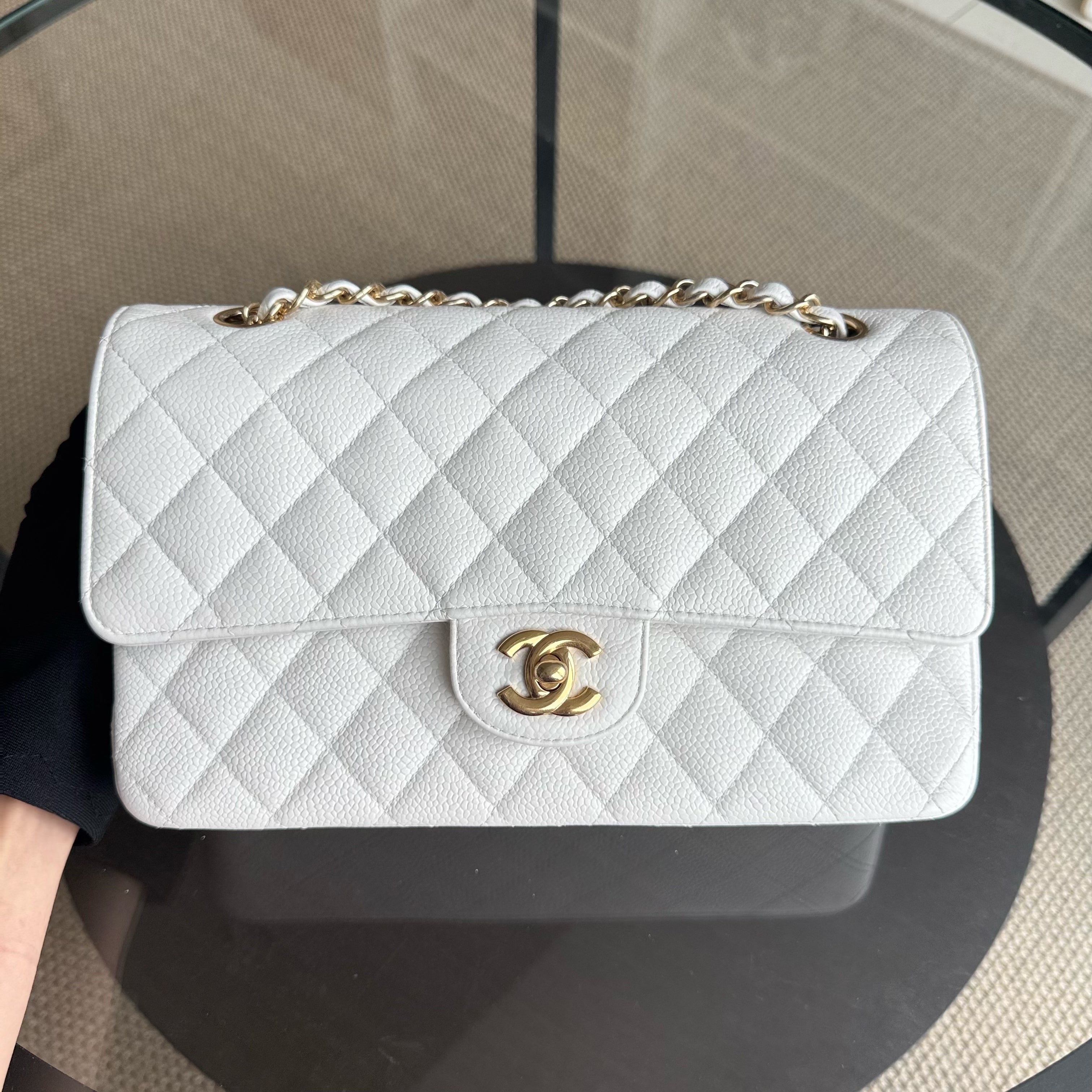 Chanel Classic Flap Medium - Caviar 25CM Quilted Snow White Gold Hardware Series 14