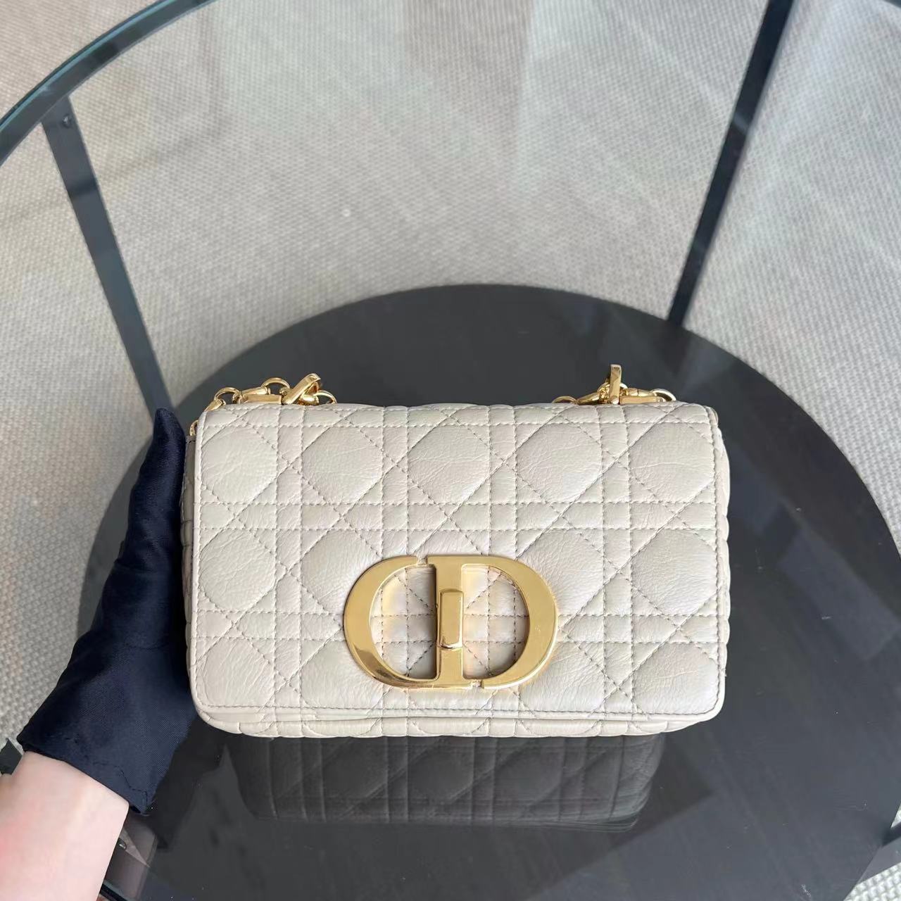 Dior Caro Small - Cannage Grained Calfskin Beige Golden Hardware