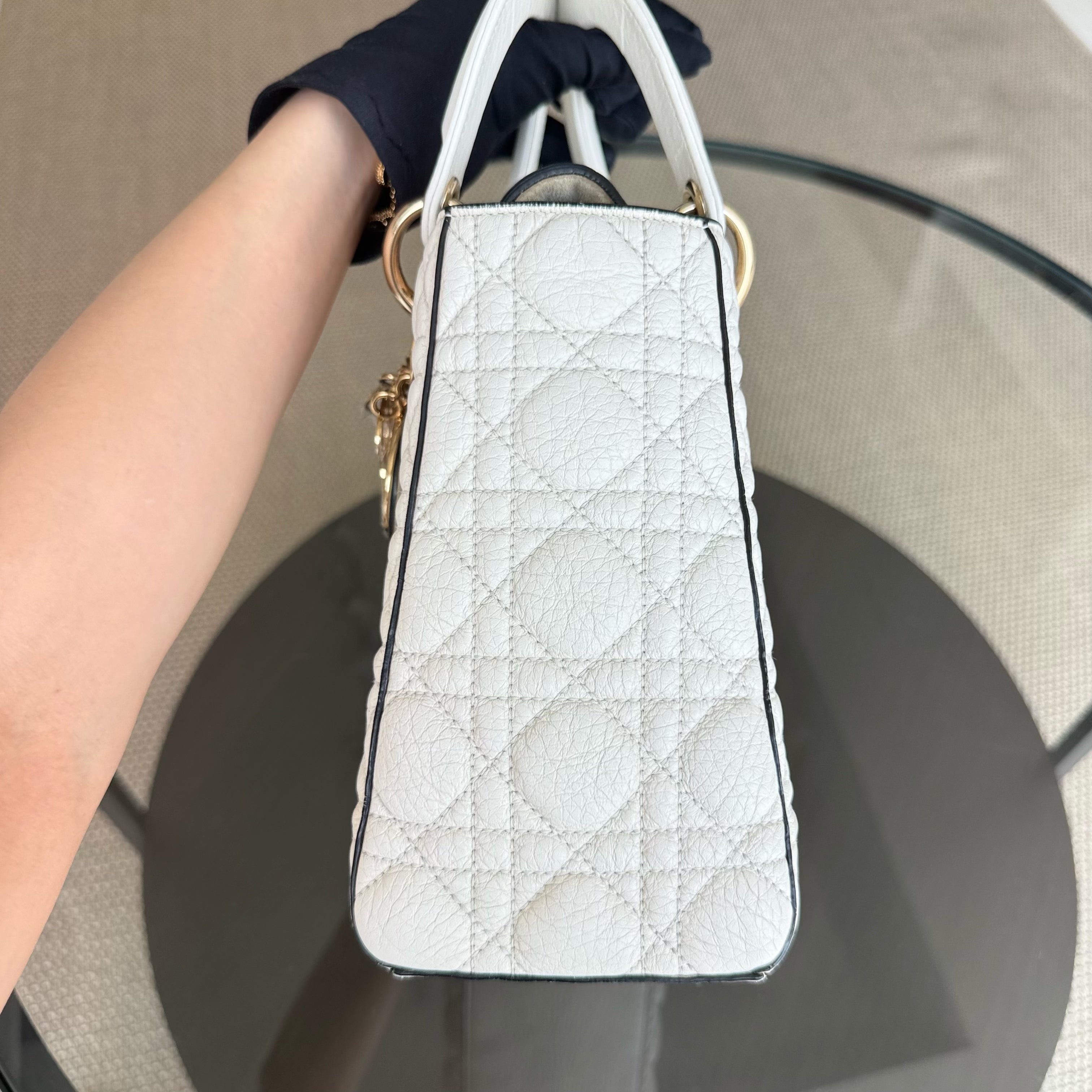 Dior Lady Medium Flap - Calfskin Cannage White Gold Hardware