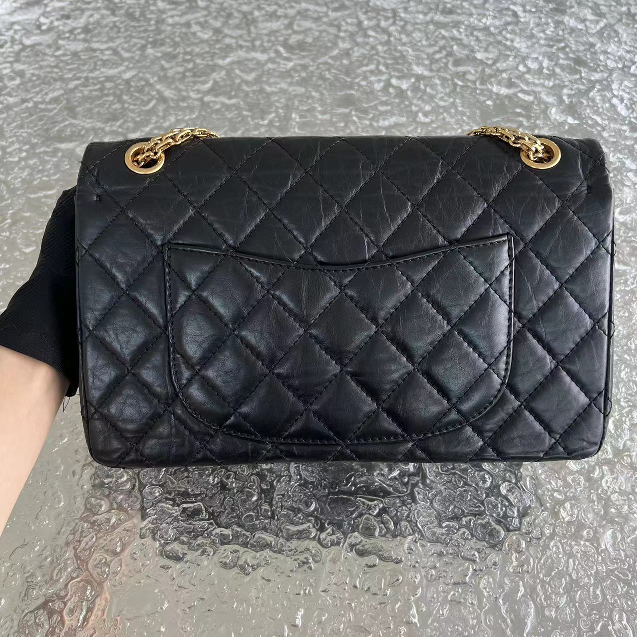 2.55 226 Reissue 28CM Quilted Aged Calfskin Black Golden Hardware