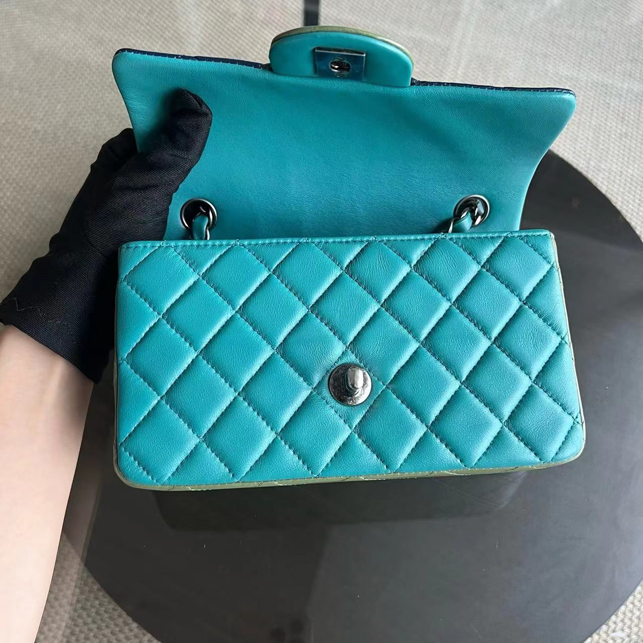 Chanel Mini Classic Flap Quilted Lambskin Multi-color Blue Green Silver Hardware Series 21