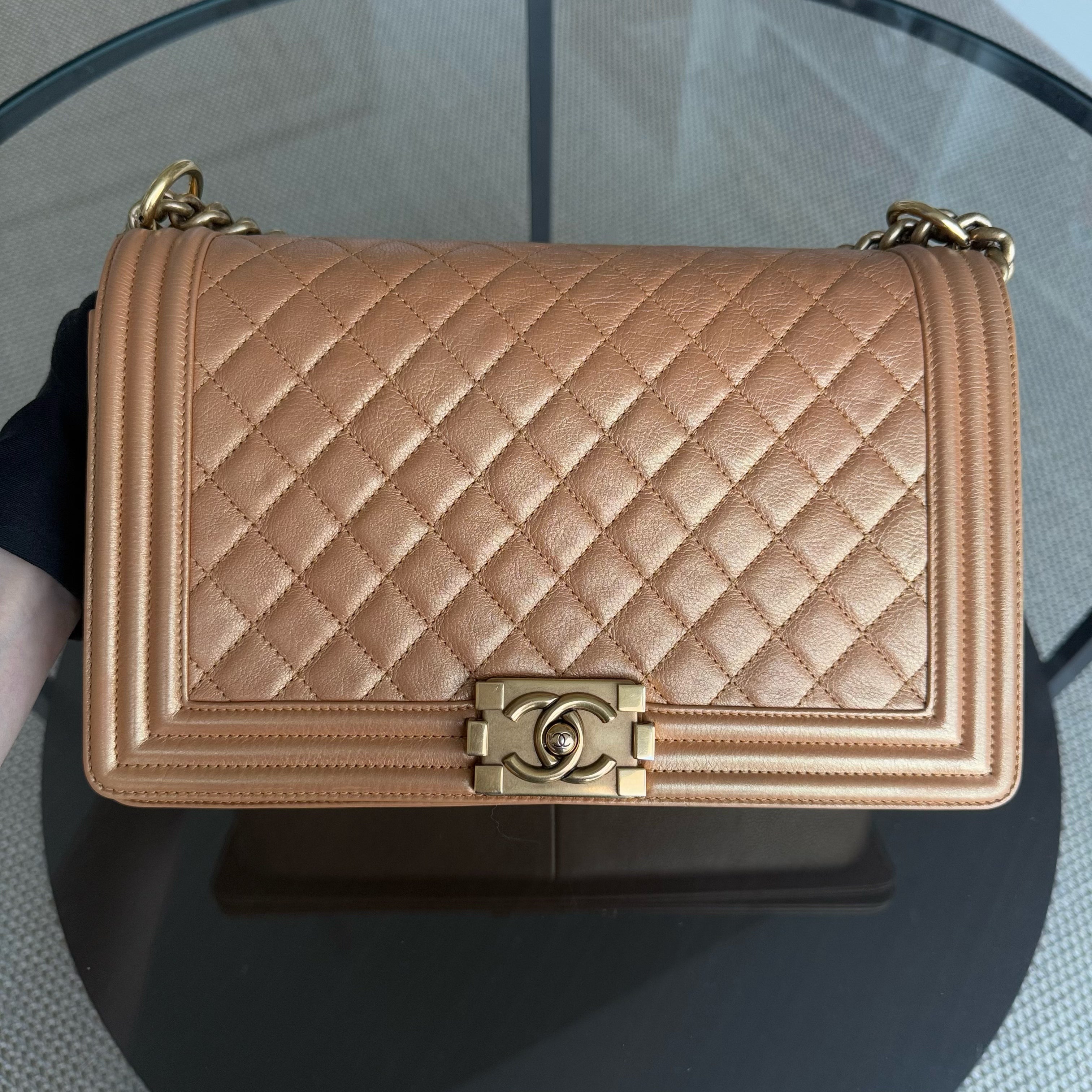 Chanel Boy Medium - 28CM Quilted Grained Calfskin Metallic Iridescent Ruthenium Gold Hardware Series 20