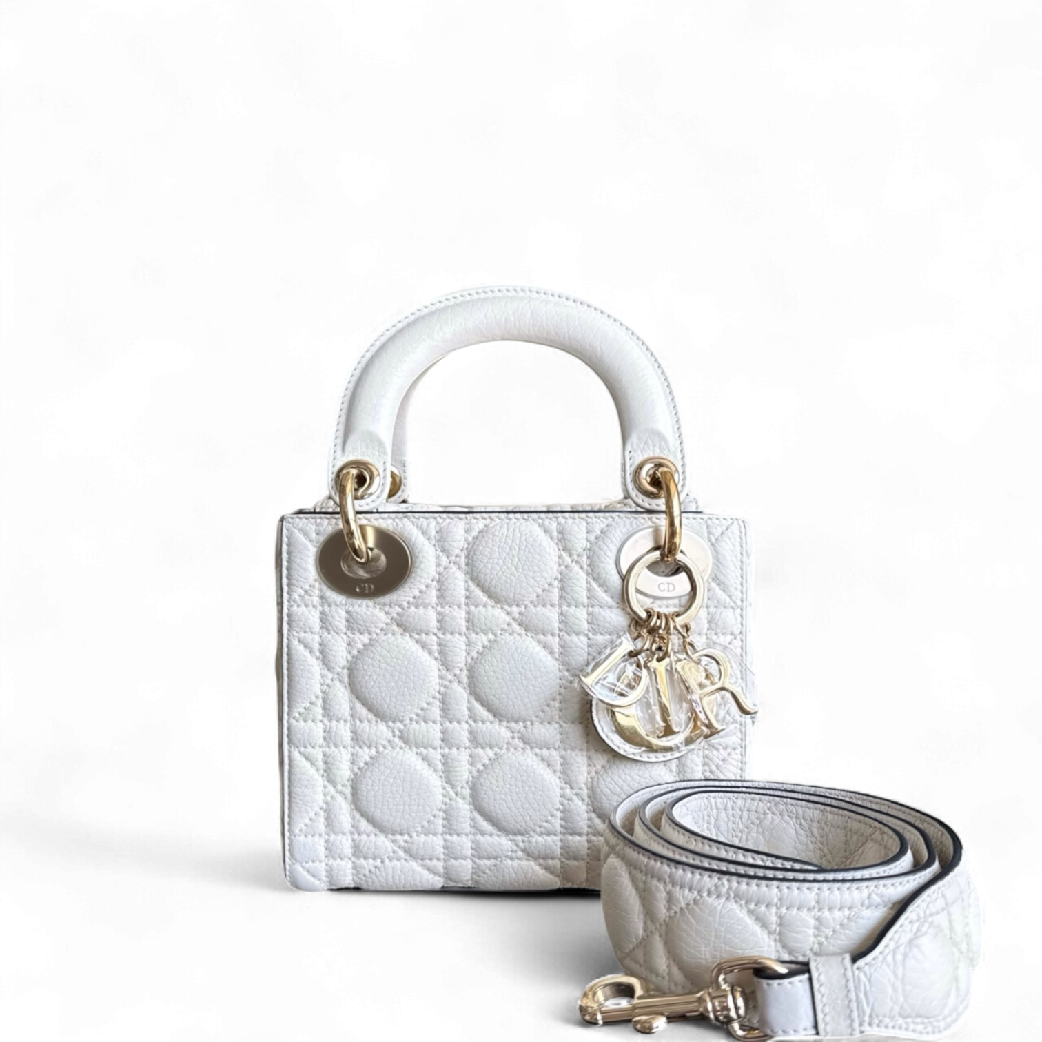 Dior Lady Mini - Grained Calfskin Cannage White Gold Hardware