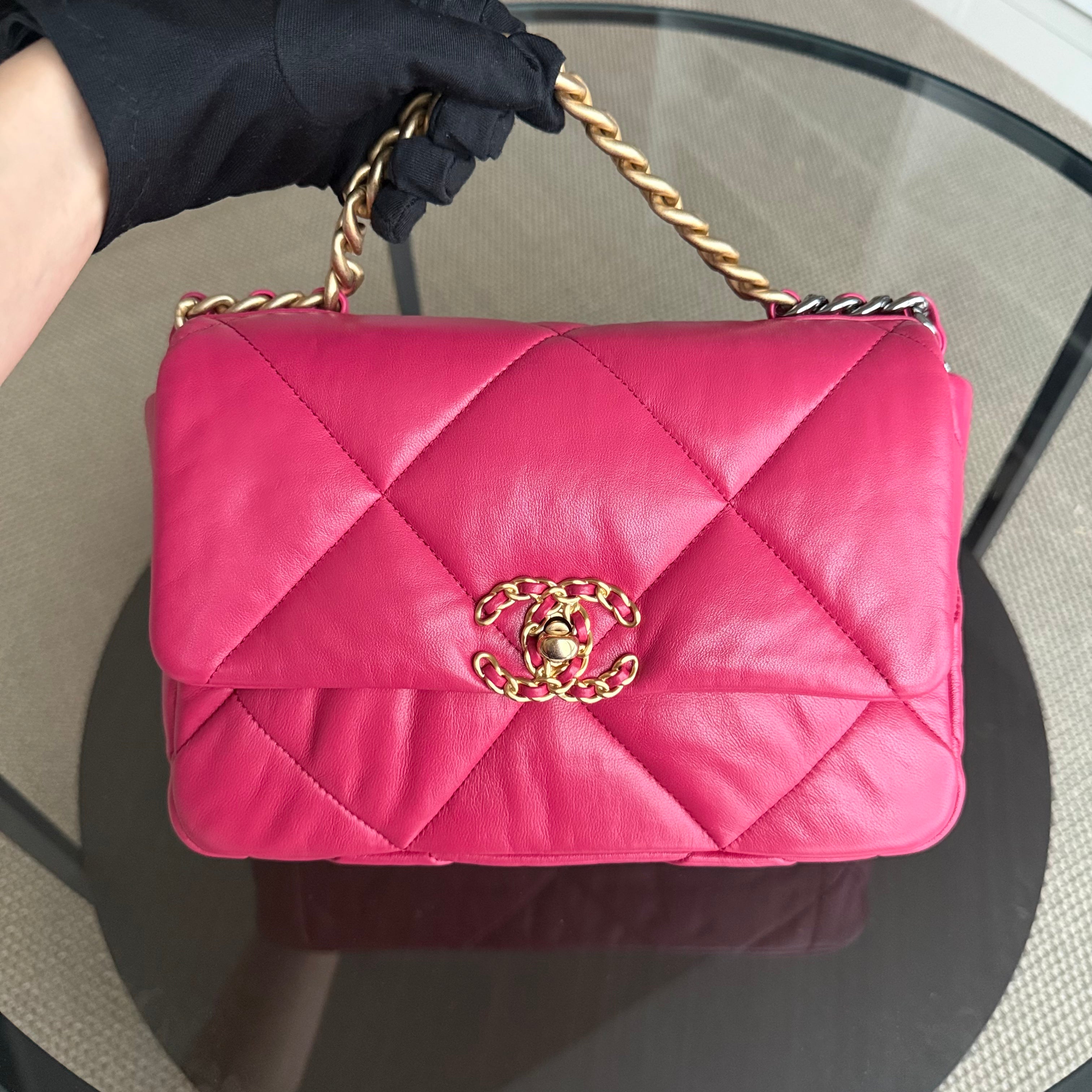 Chanel 19 Bag Small - Quilted Goatskin Hot Pink Two-tone Gold Hardware Series 29