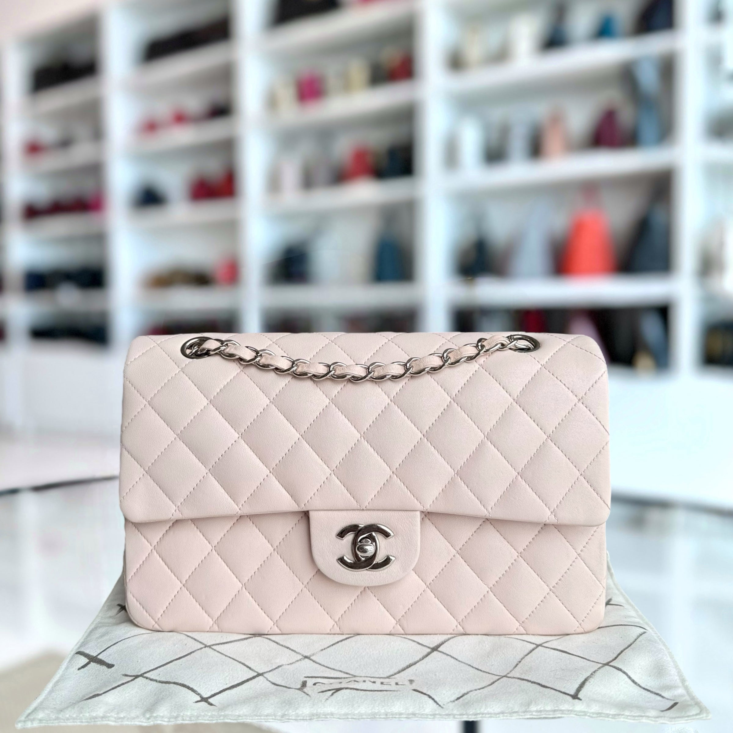 Chanel Classic Flap Medium - 25CM Quilted Lambskin Light Pink Silver Hardware Series 14