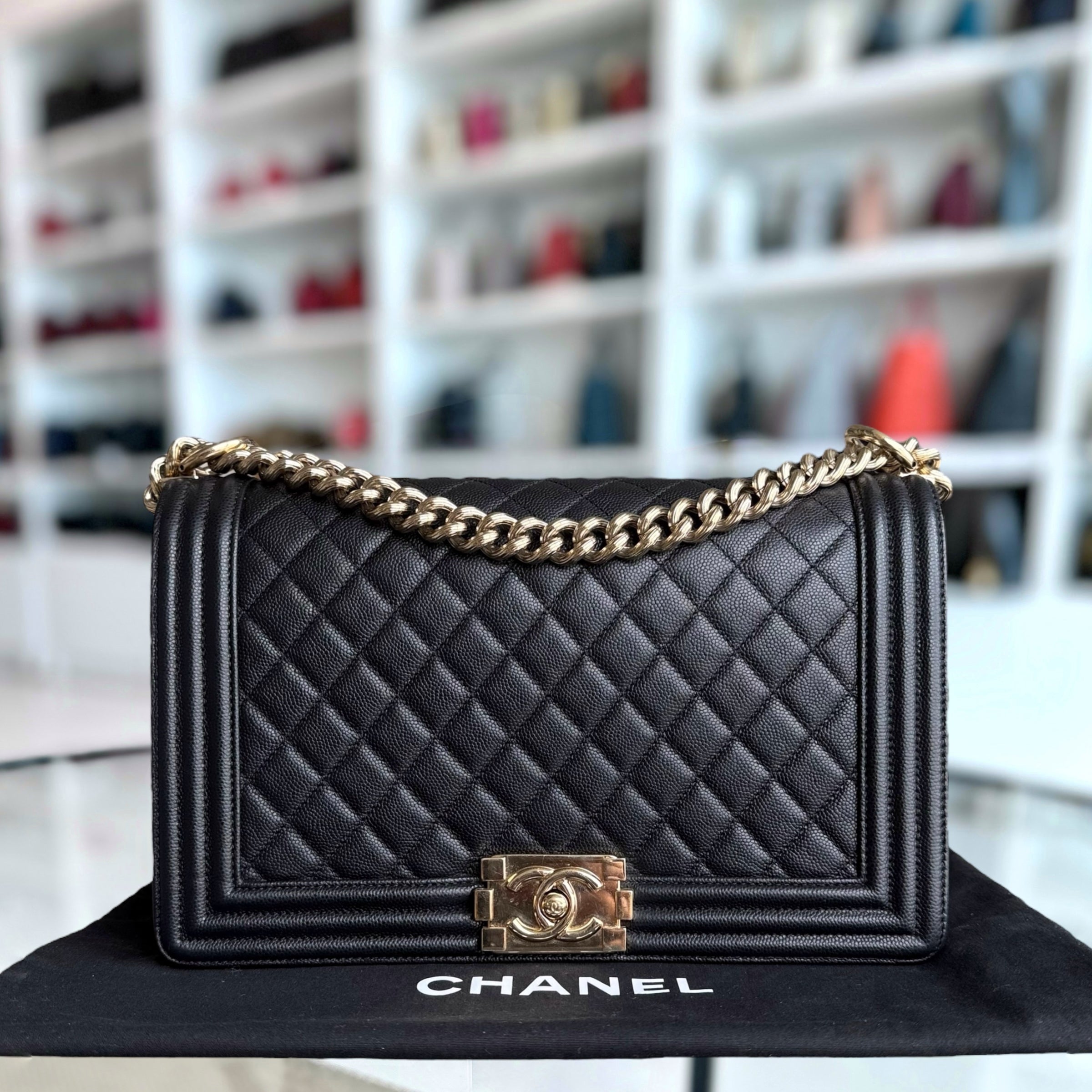 Chanel Boy Medium - Caviar 25CM Quilted Black Gold Hardware Series 23