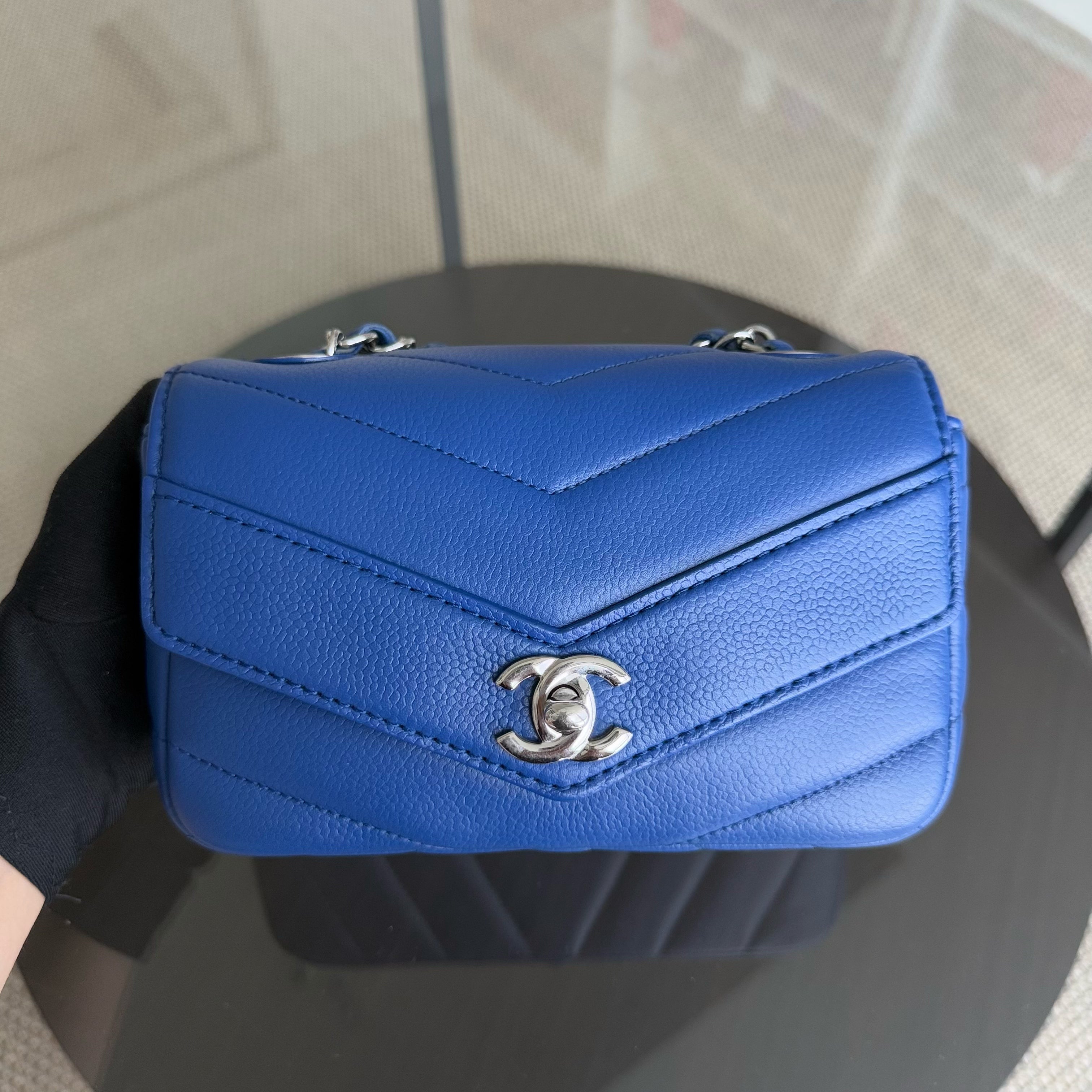 Chanel Seasonal Flap - Caviar V Stitch Chevron Mini Square Blue Silver Hardware Series 24