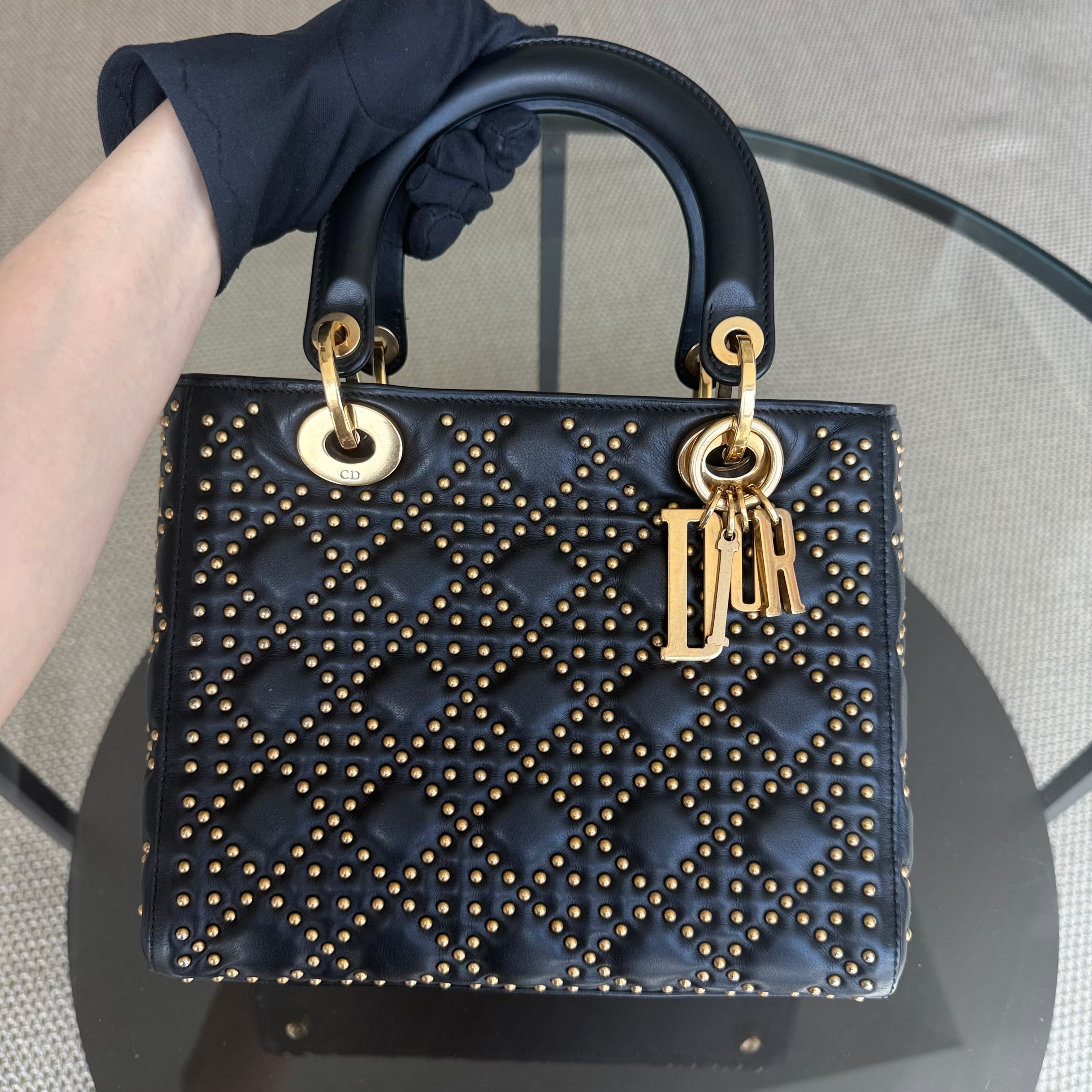 Dior Lady Medium Flap - Studded Calfskin Black Gold Hardware NO STRAP