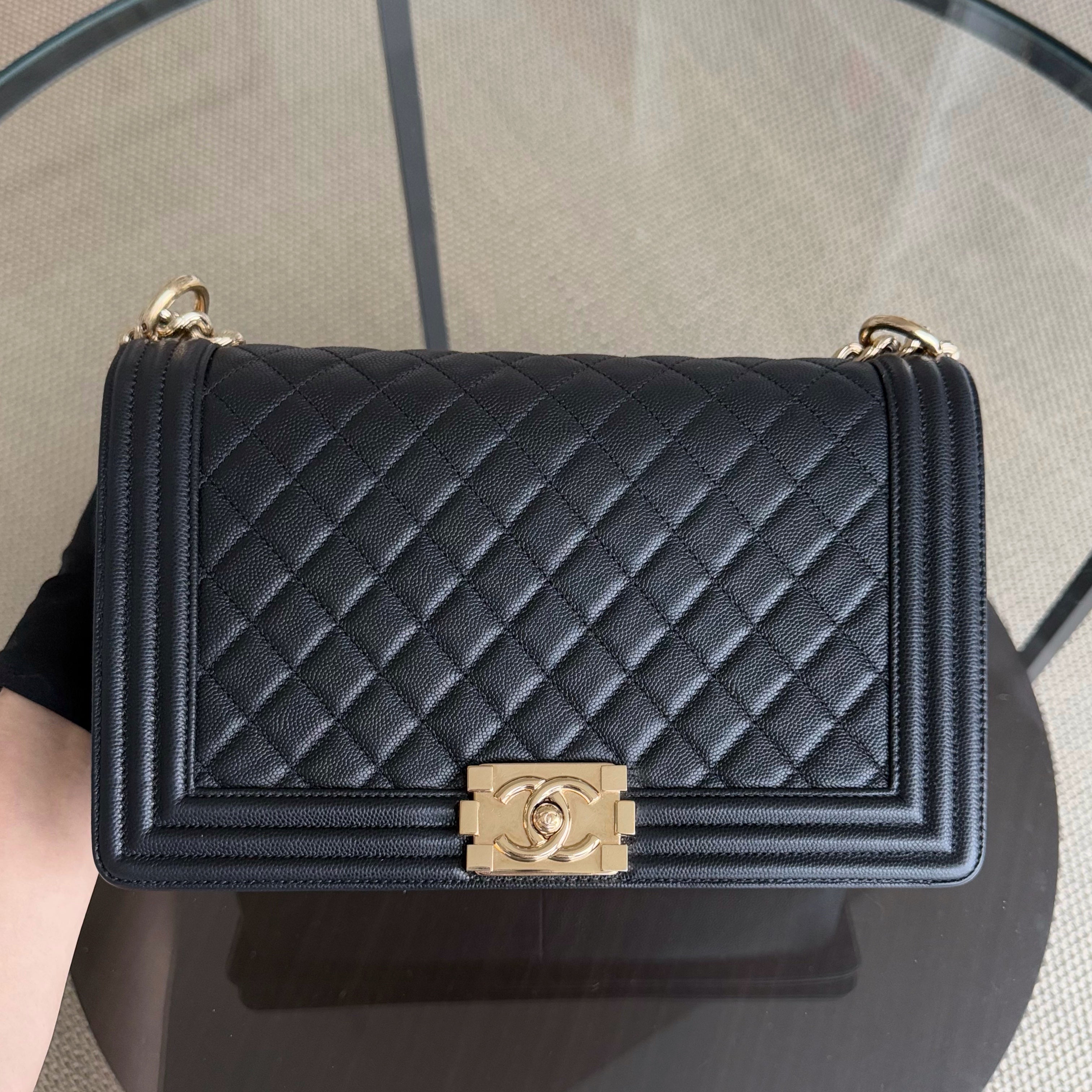 Chanel Boy Medium - Caviar 25CM Quilted Black Gold Hardware Series 23