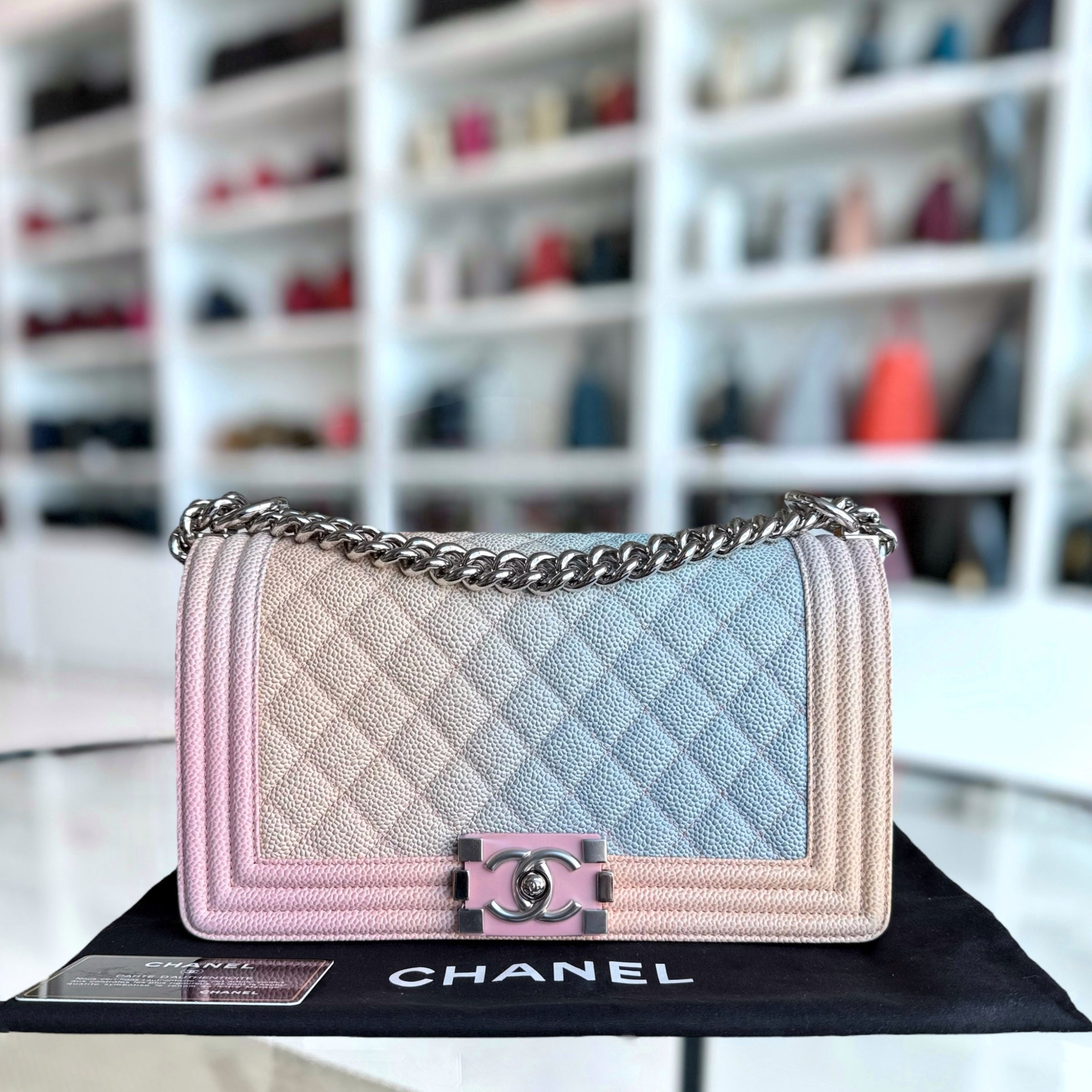 Chanel Boy Medium - Caviar Rainbow 25CM Quilted Silver Hardware Series 25