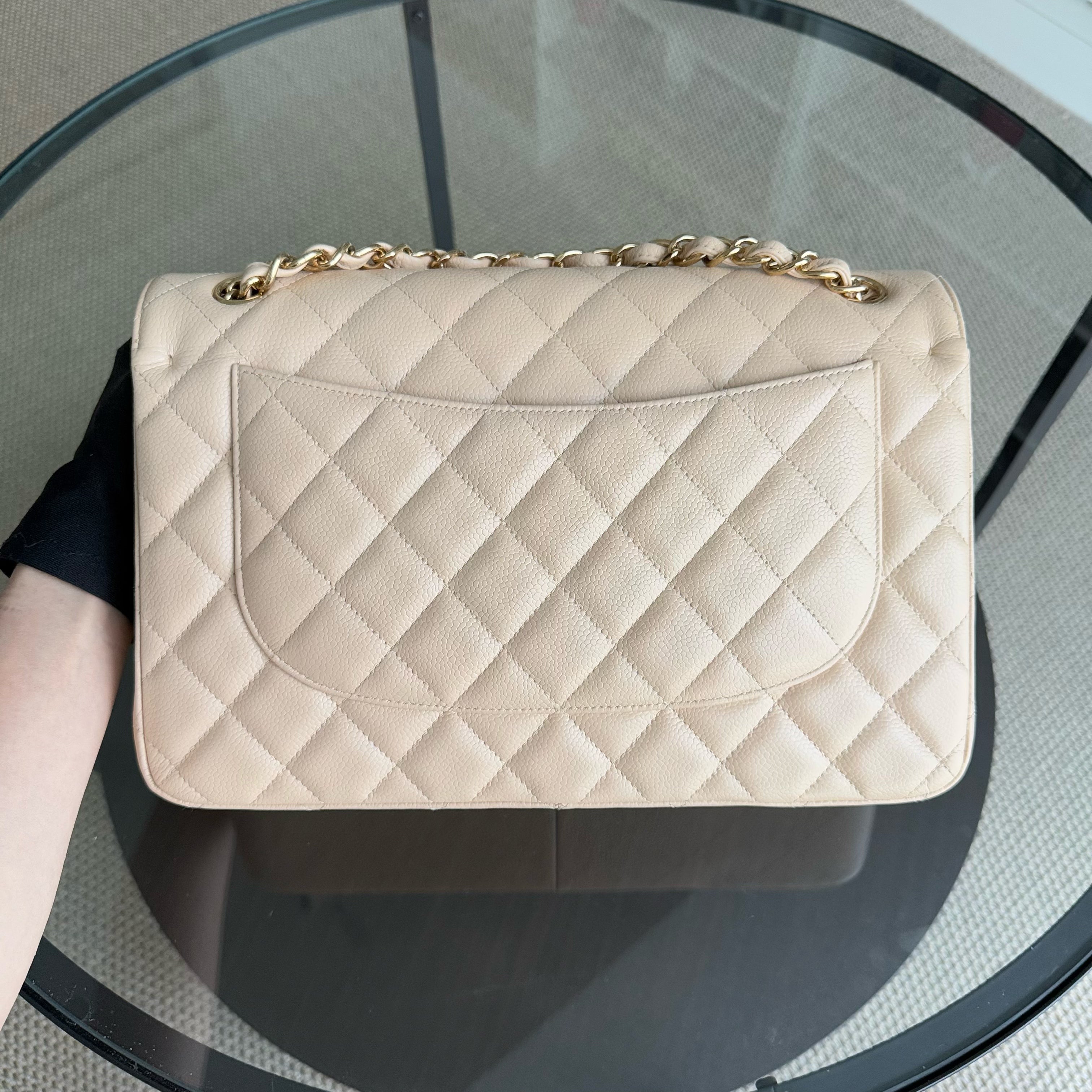 Chanel Classic Flap Jumbo - Caviar 30CM Double Flap Quilted Beige Gold Hardware Series 14