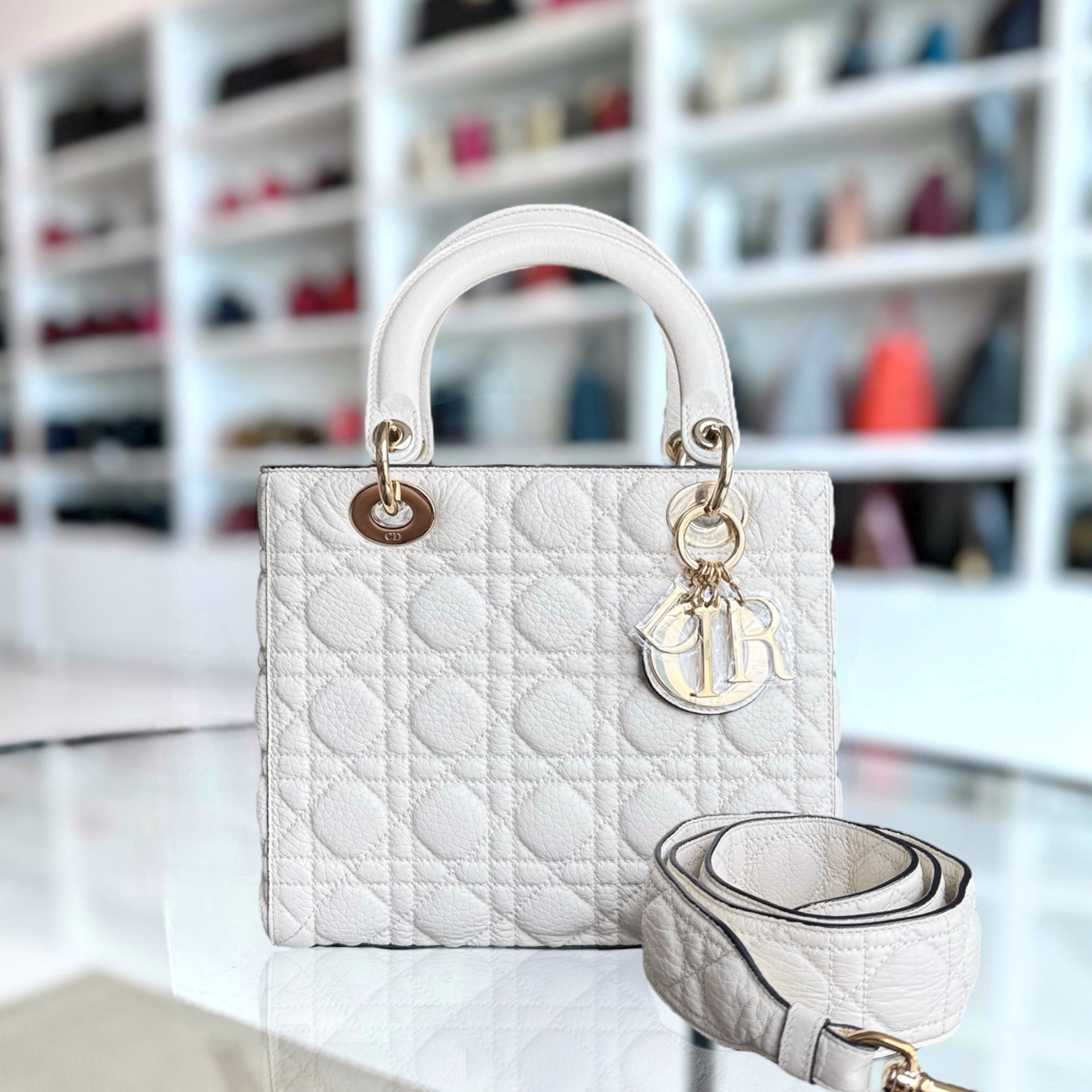 Dior Lady Flap Medium - Cannage Grained Calfskin Cream White Gold Hardware