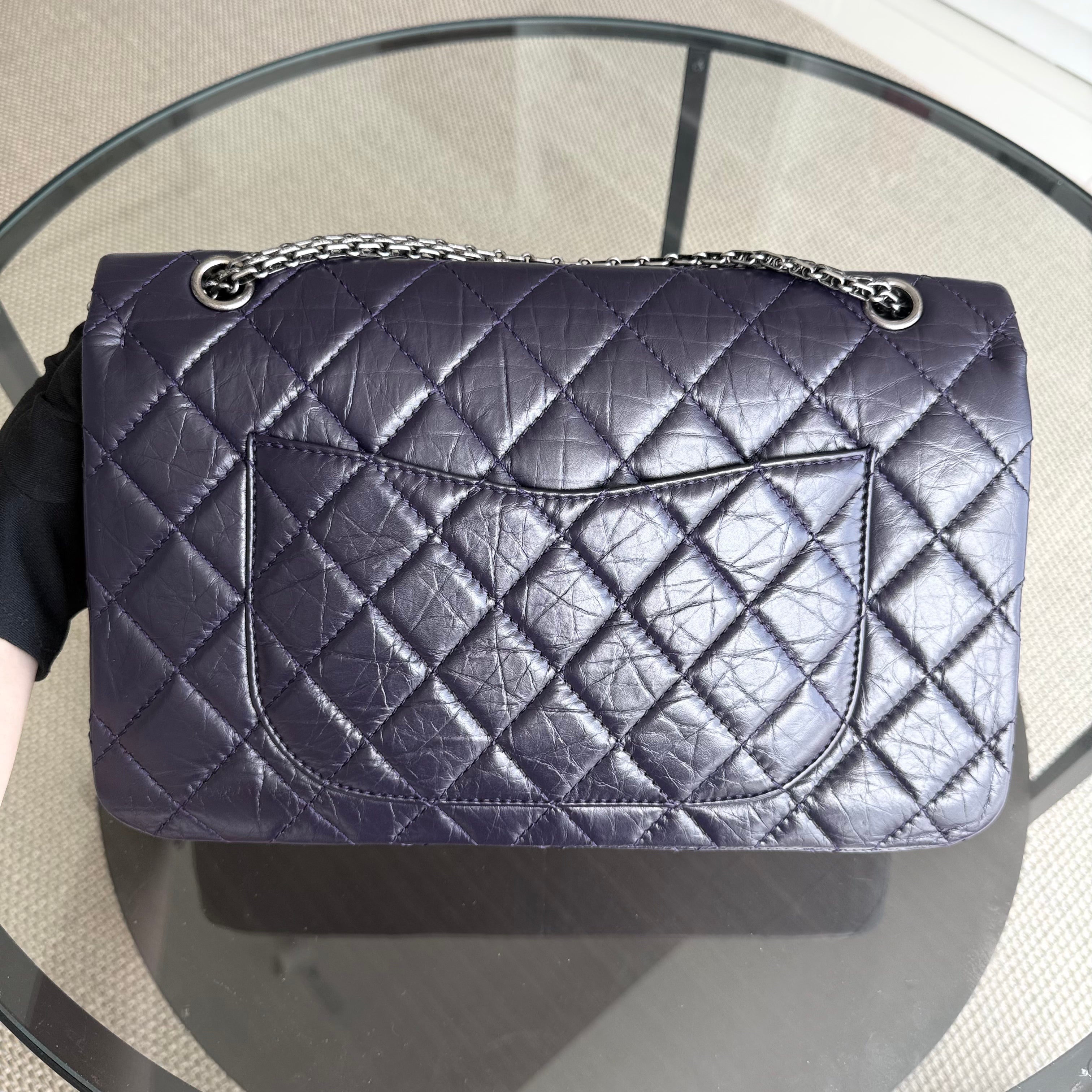 Chanel 2.55 Reissue 227 Large - Cannage Aged Calfskin Dark Violet Purple Ruthenium Silver Hardware Series 17