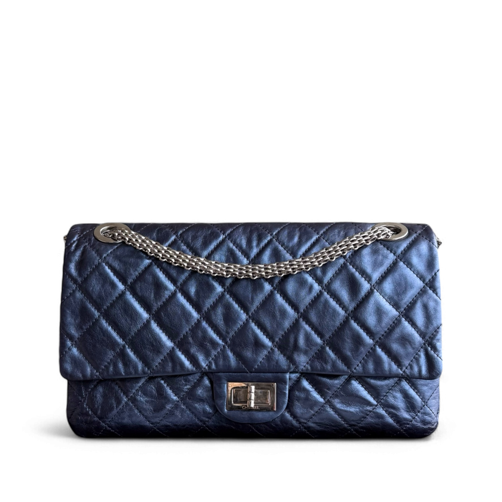 Chanel 2.55 Reissue 228 Maxi - 35CM Quilted Metallic Calfskin Blue Ruthenium Silver Hardware Series 12