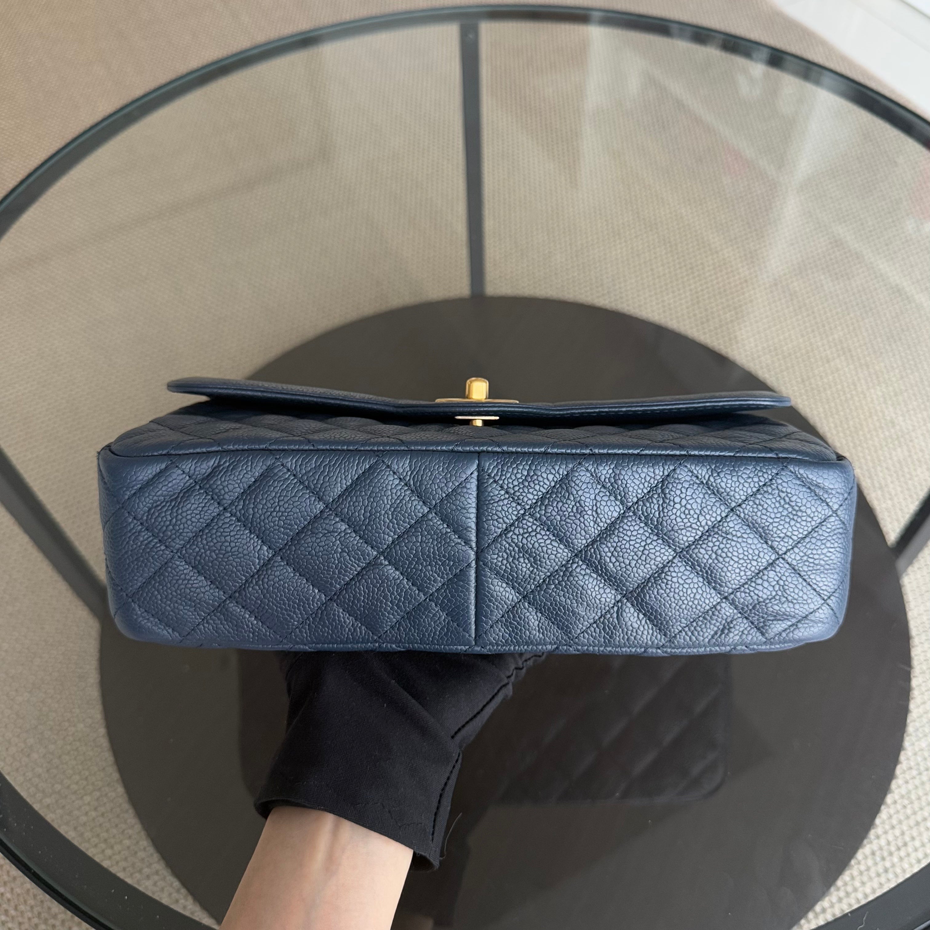 Chanel Two Tone Flap - Medium Crumpled Grained Calfskin Navy Blue Gold Series 21