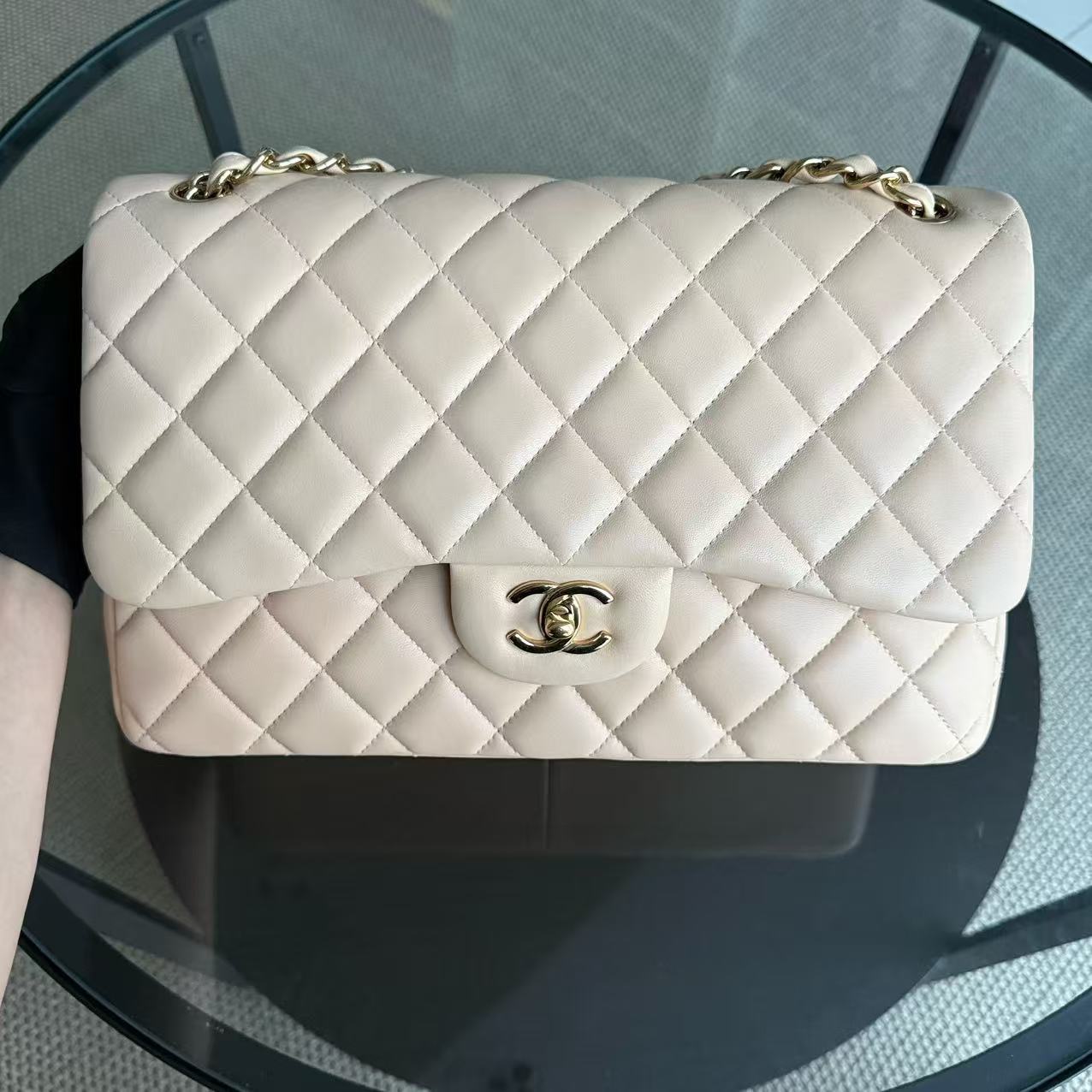 Chanel Classic Flap Jumbo - Double Flap Quilted Lambskin Beige Gold Hardware Series 16