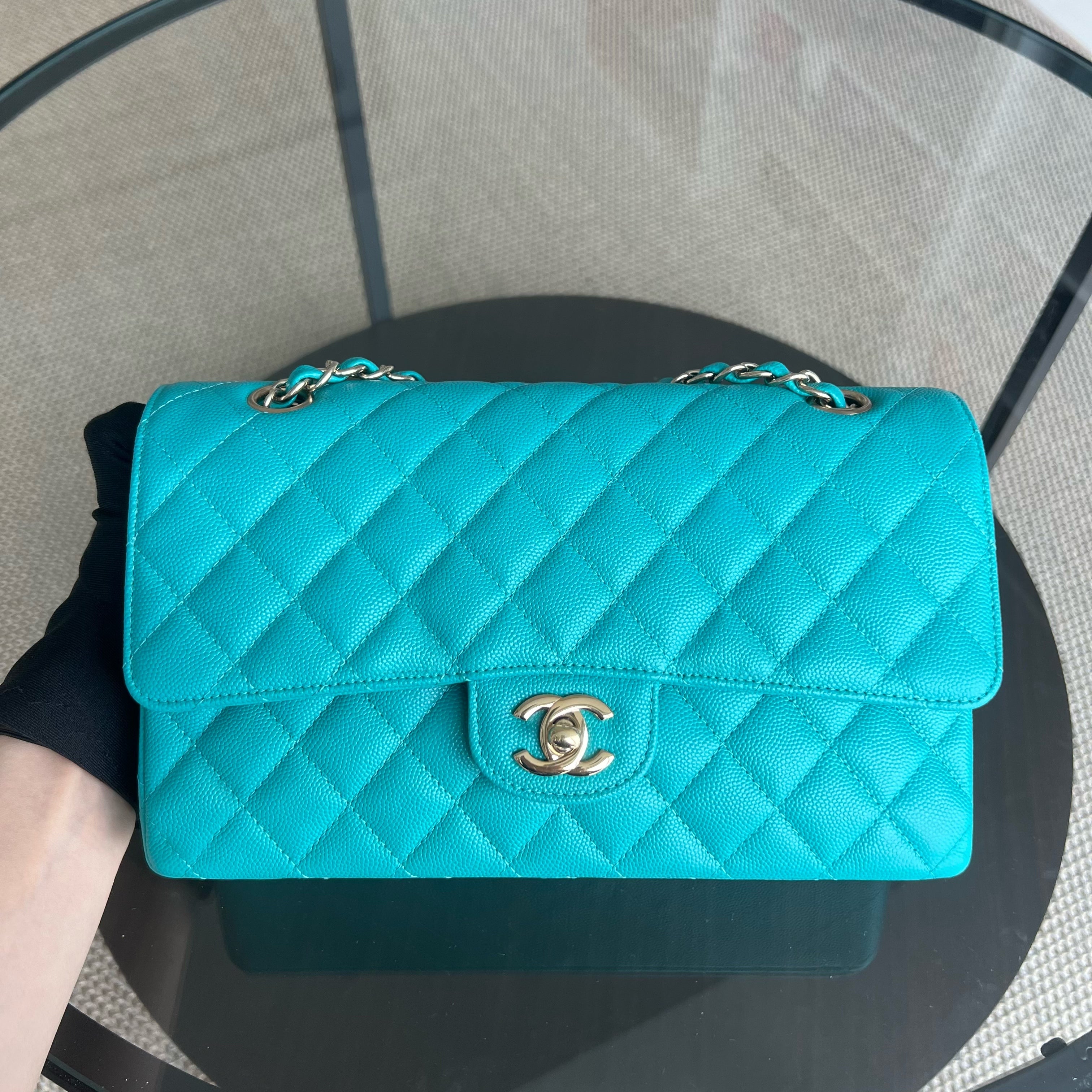 Chanel Classic Flap Medium - Caviar 25CM Quilted Cyan Blue Gold Hardware Series 23