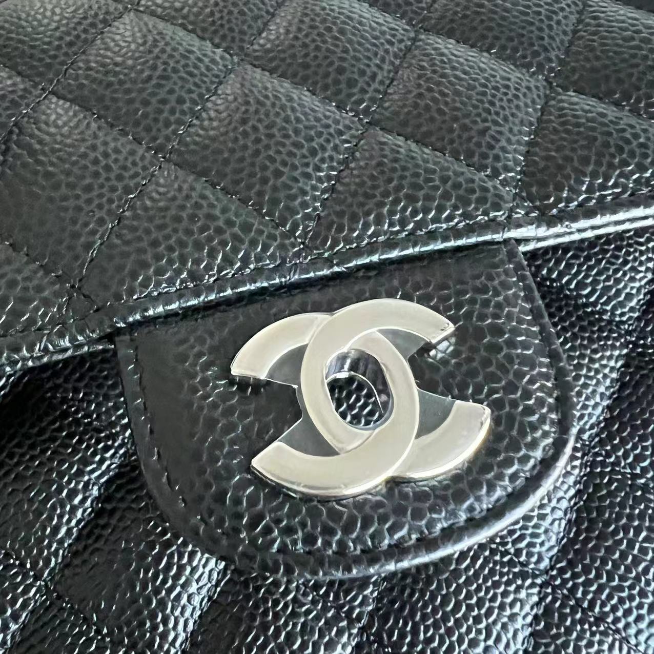 *Unused* Chanel Caviar Medium Classic Flap Double Flap 25CM Quilted Grained Calfskin Black Silver Hardware Series 23