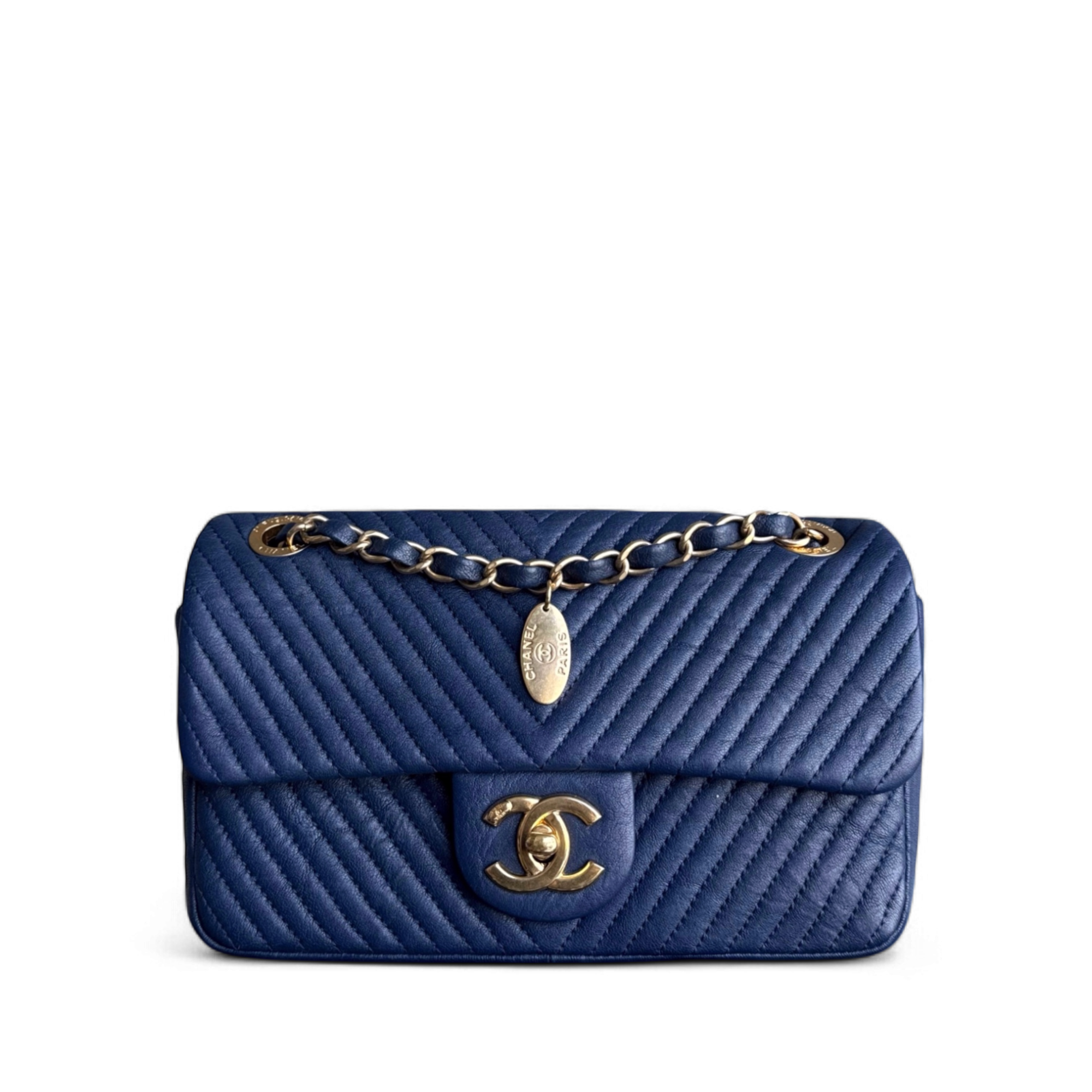 Chanel Seasonal Flap Herringbone - 23CM Calfskin Chevron Blue Distressed Aged Gold Hardware Series 21