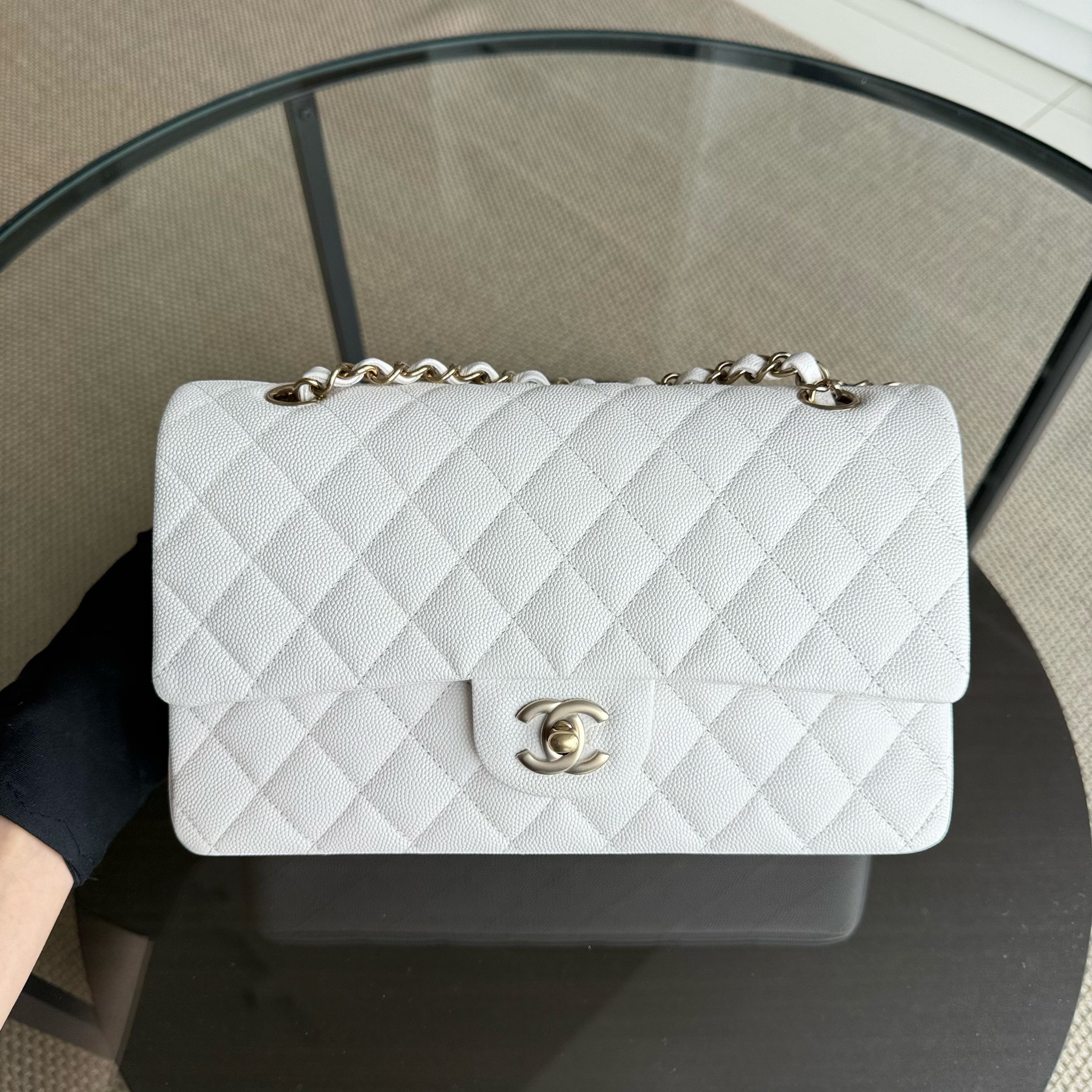 Chanel Classic Flap Medium - Caviar 25CM Quilted Snow White Gold Hardware Microchip