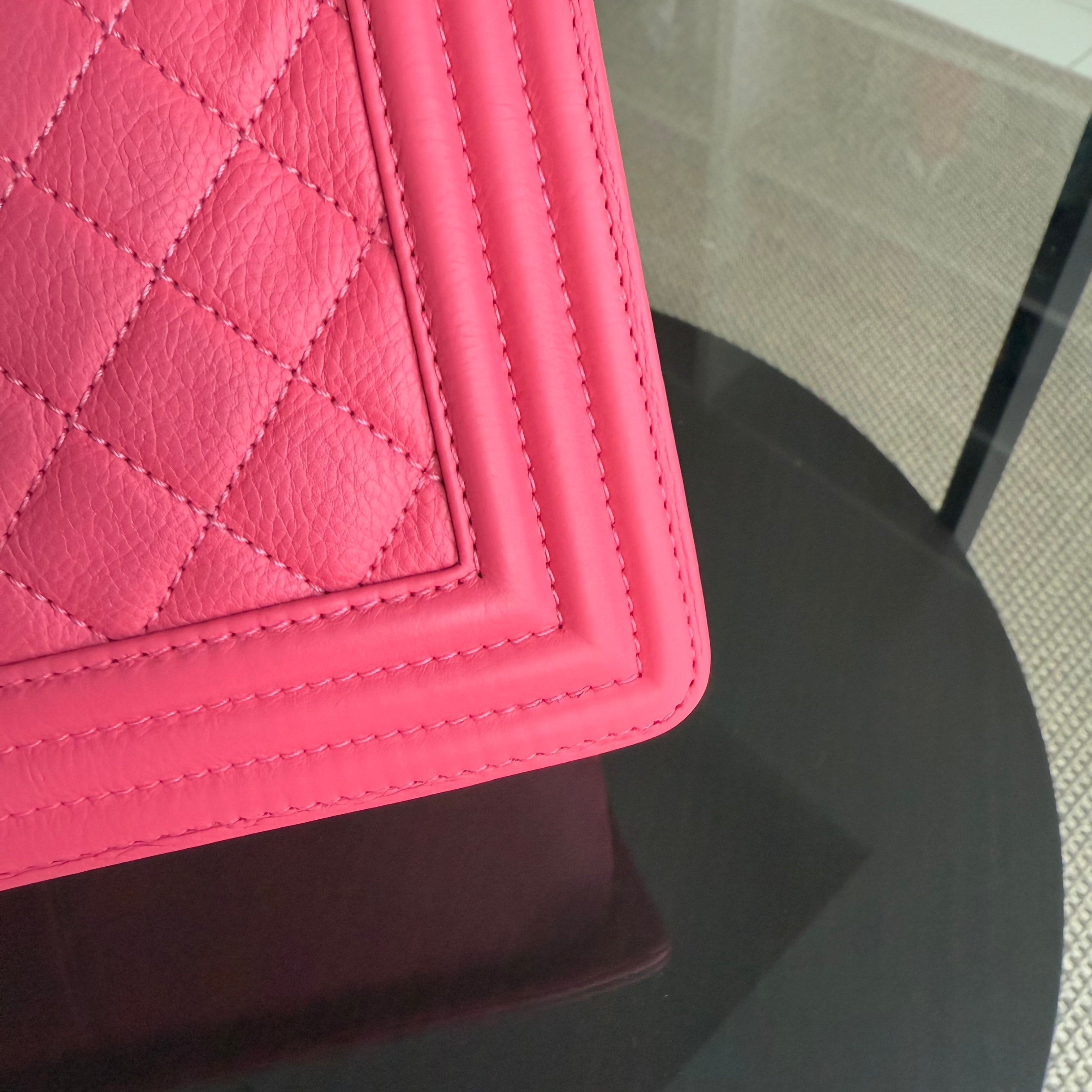 Chanel Boy Medium - 25CM Calfskin Quilted Hot Pink Ruthnium Silver Hardware Series 17