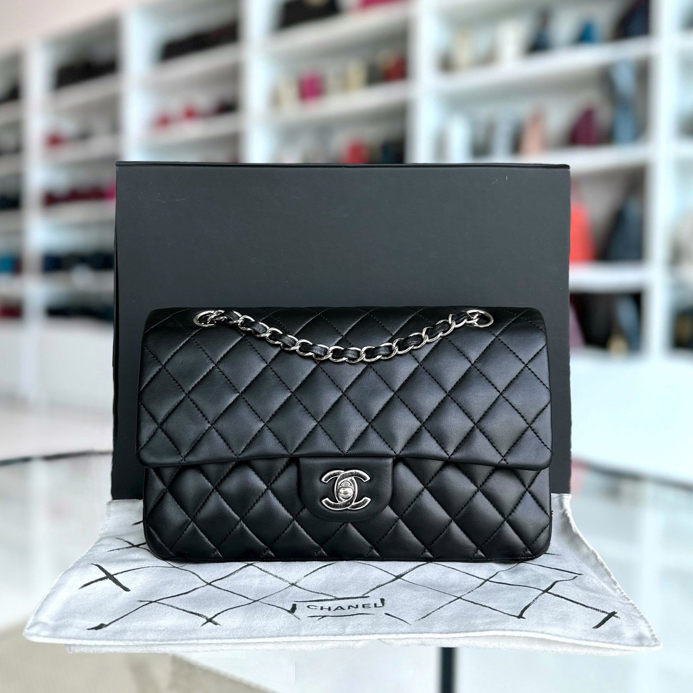 Deposit of Chanel Medium Classic Flap Quilted Lambskin Black Silver Hardware Series 13 - Luxury Evermore