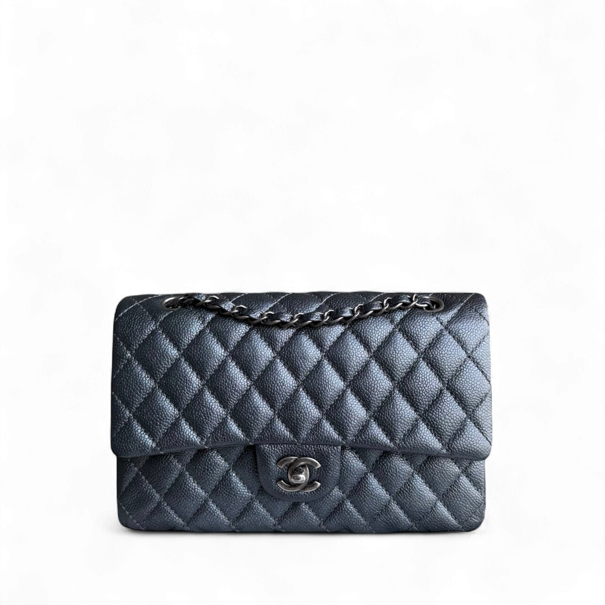 Chanel Classic Flap Medium - Caviar 25CM Quilted Grained Calfskin Iridescent Charcoal Dark Grey Gray Ruthenium Silver Hardware Series 20