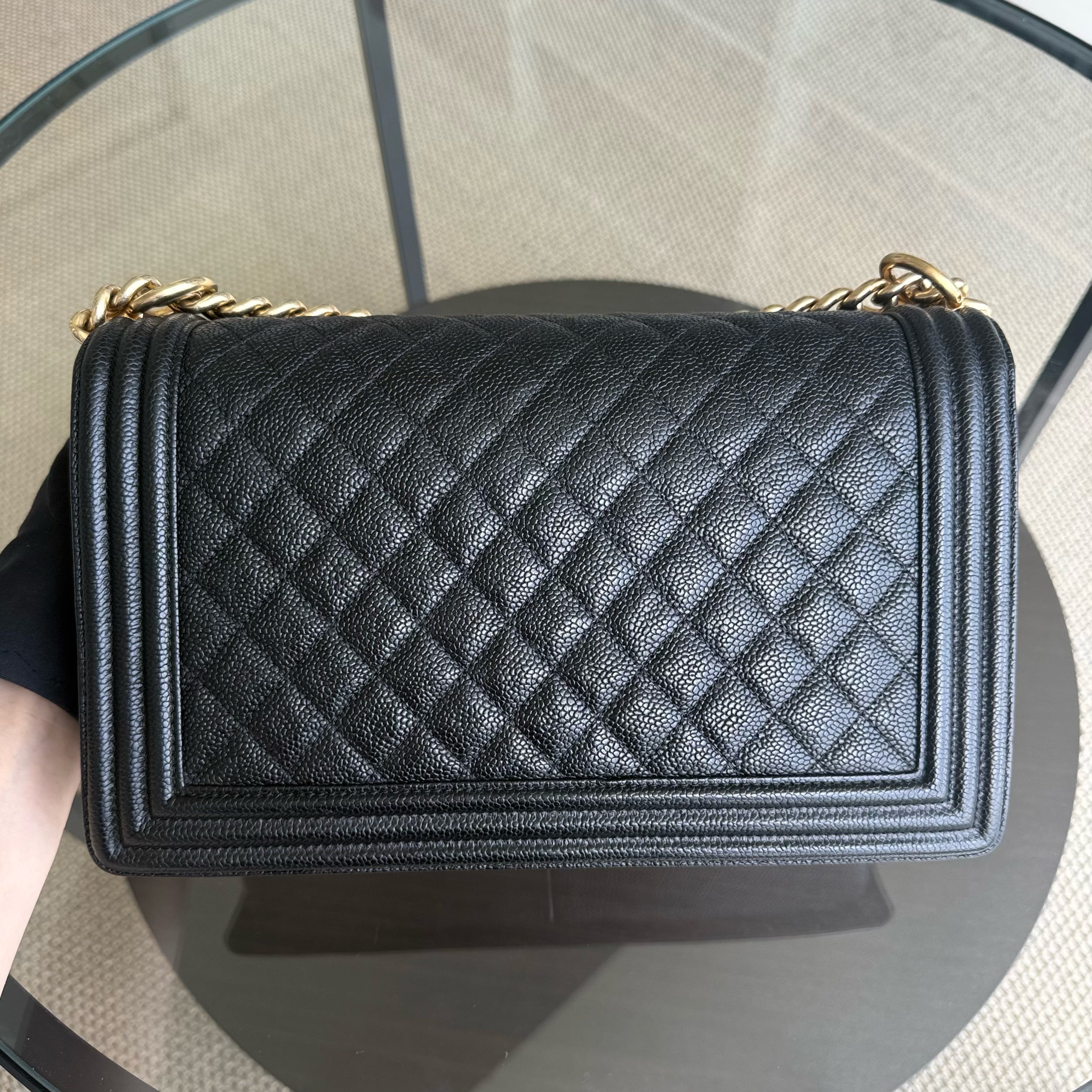 Chanel Boy Medium - Caviar 28CM Quilted Black Aged Gold Hardware Series 23