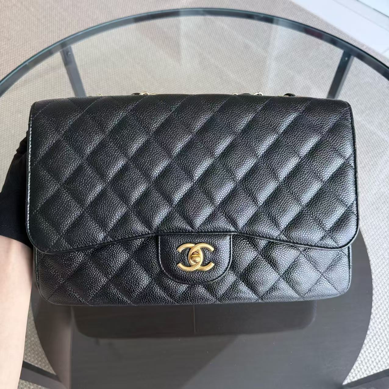 Chanel Classic Flap Jumbo - Caivar 30CM Quilted Black Gold Hardware Series 13