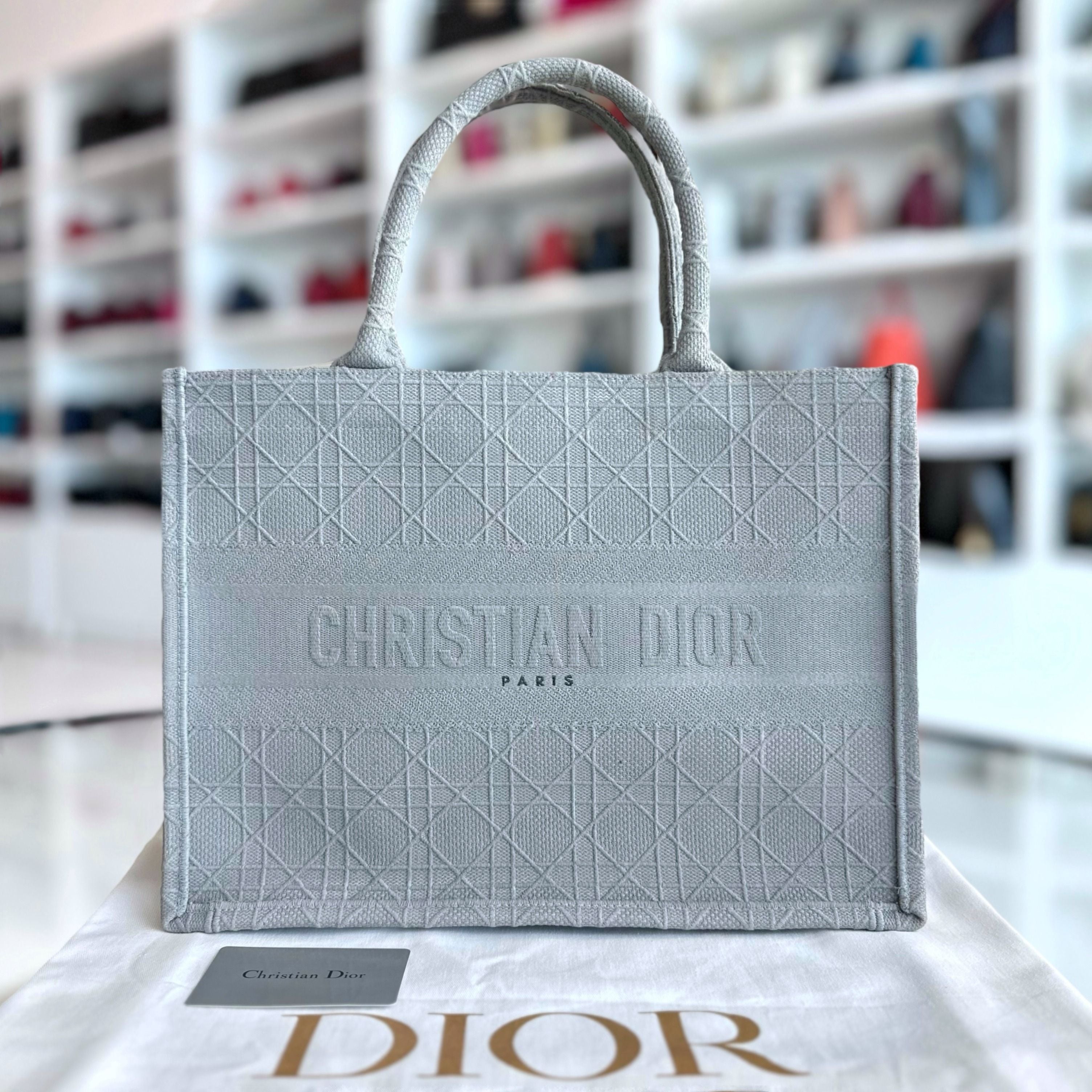 Dior Book Tote Medium Cannage Embroidery Canvas Gray Bag - Luxury Evermore