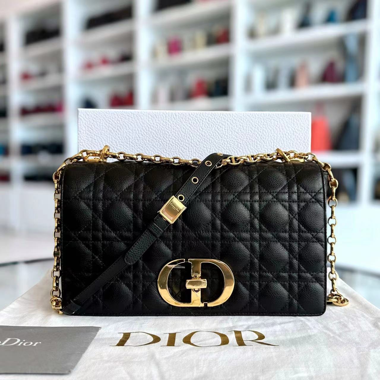 Dior Caro Large 28CM Cannage Calfskin Black GHW - Luxury Evermore