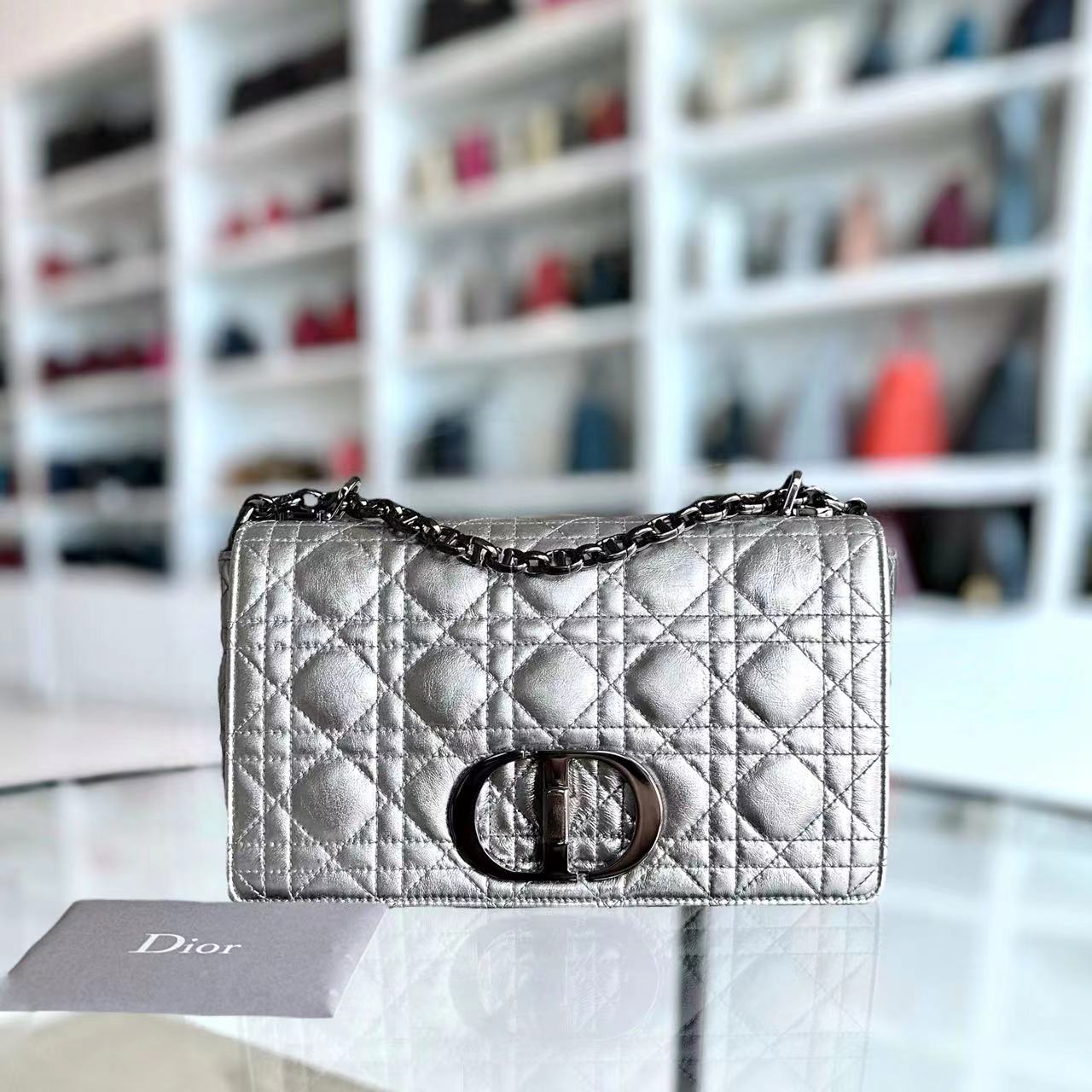 Dior Caro Medium Calfskin Cannage Silver Metallic Shoulder Bag Silver Hardware - Luxury Evermore