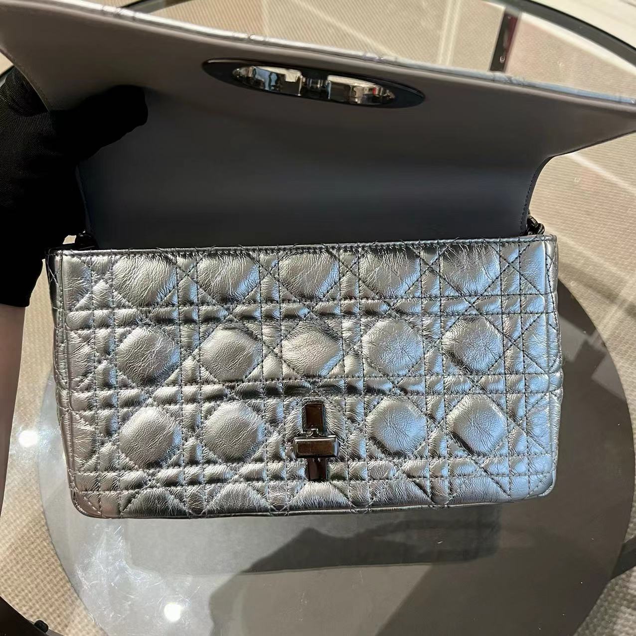 Dior Caro Medium Calfskin Cannage Silver Metallic Shoulder Bag Silver Hardware - Luxury Evermore