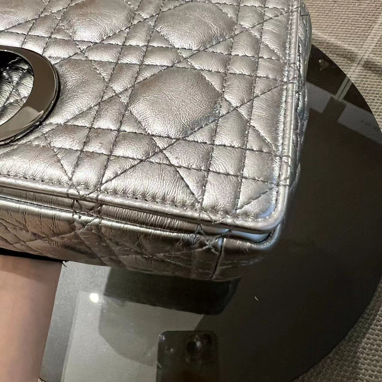 Dior Caro Medium Calfskin Cannage Silver Metallic Shoulder Bag Silver Hardware - Luxury Evermore