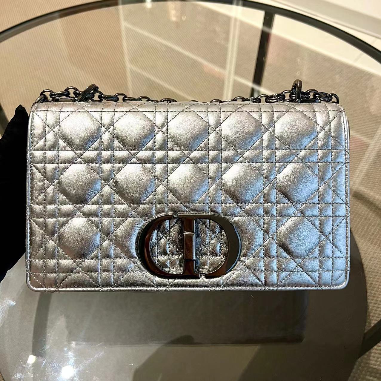 Dior Caro Medium Calfskin Cannage Silver Metallic Shoulder Bag Silver Hardware - Luxury Evermore