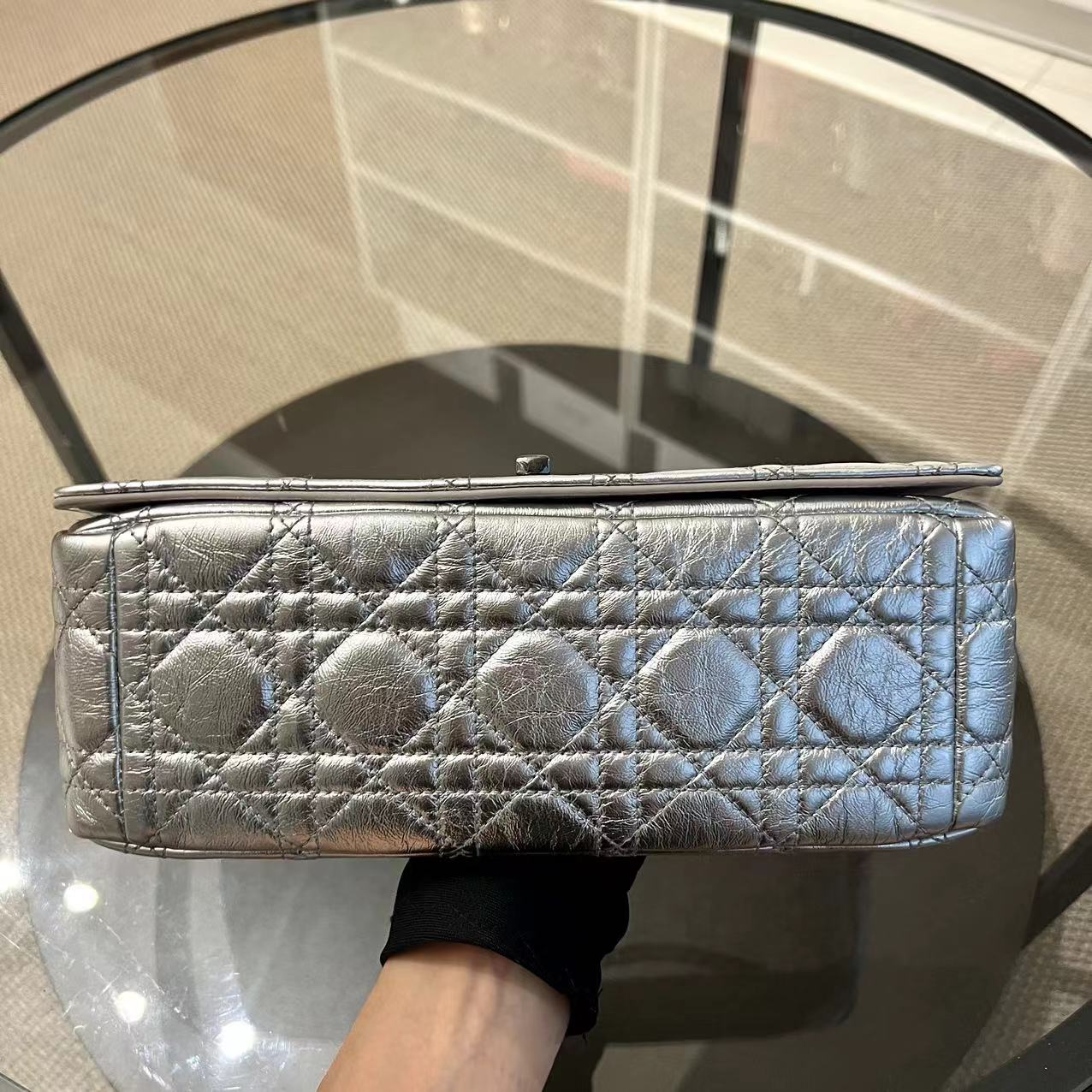 Dior Caro Medium Calfskin Cannage Silver Metallic Shoulder Bag Silver Hardware - Luxury Evermore