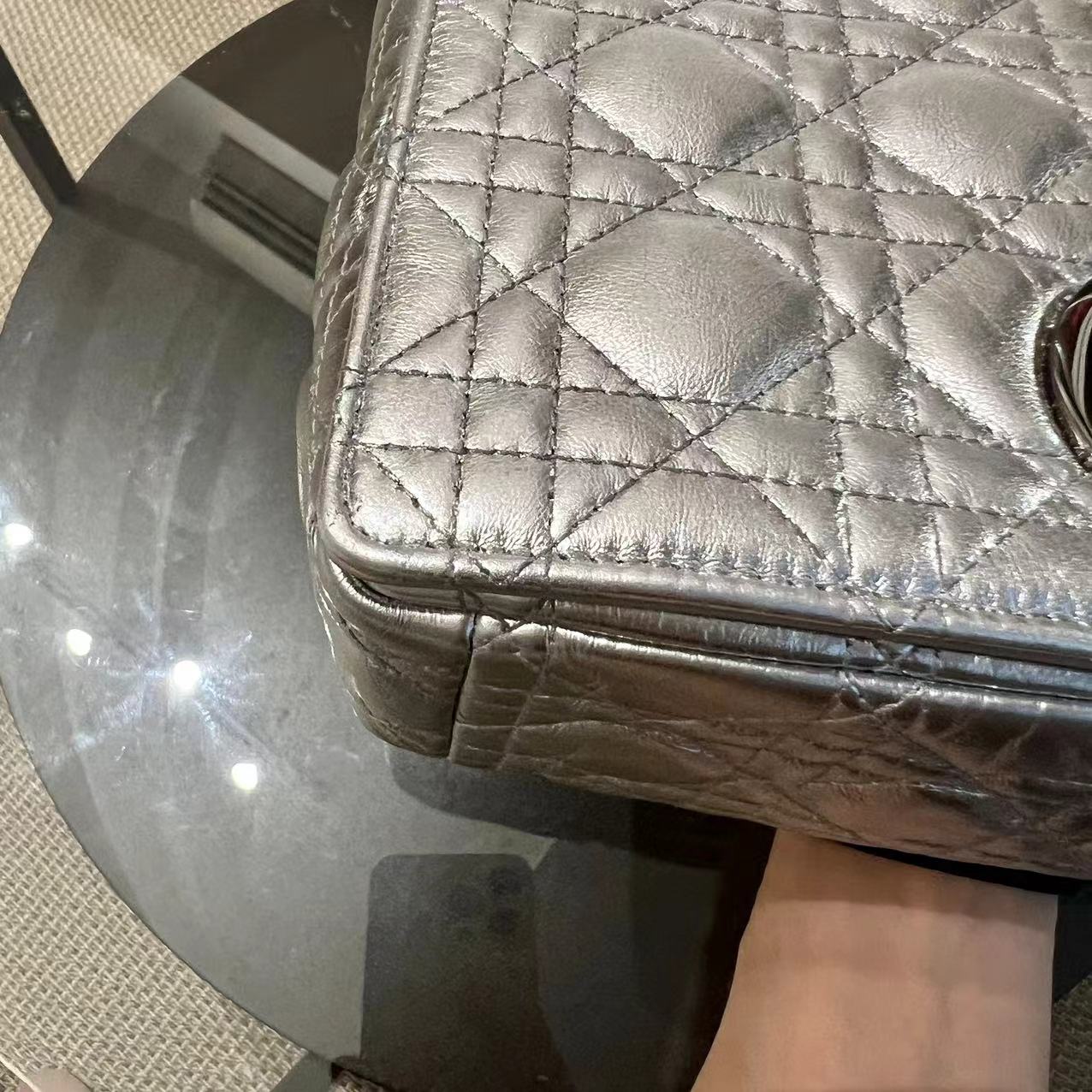 Dior Caro Medium Calfskin Cannage Silver Metallic Shoulder Bag Silver Hardware - Luxury Evermore