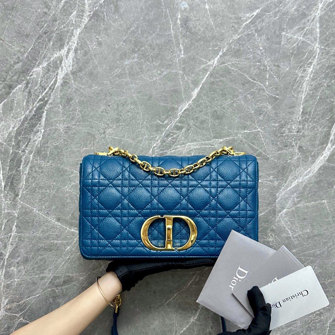 Dior Caro Medium Calfskin Shoulder Bag Blue GHW - Luxury Evermore