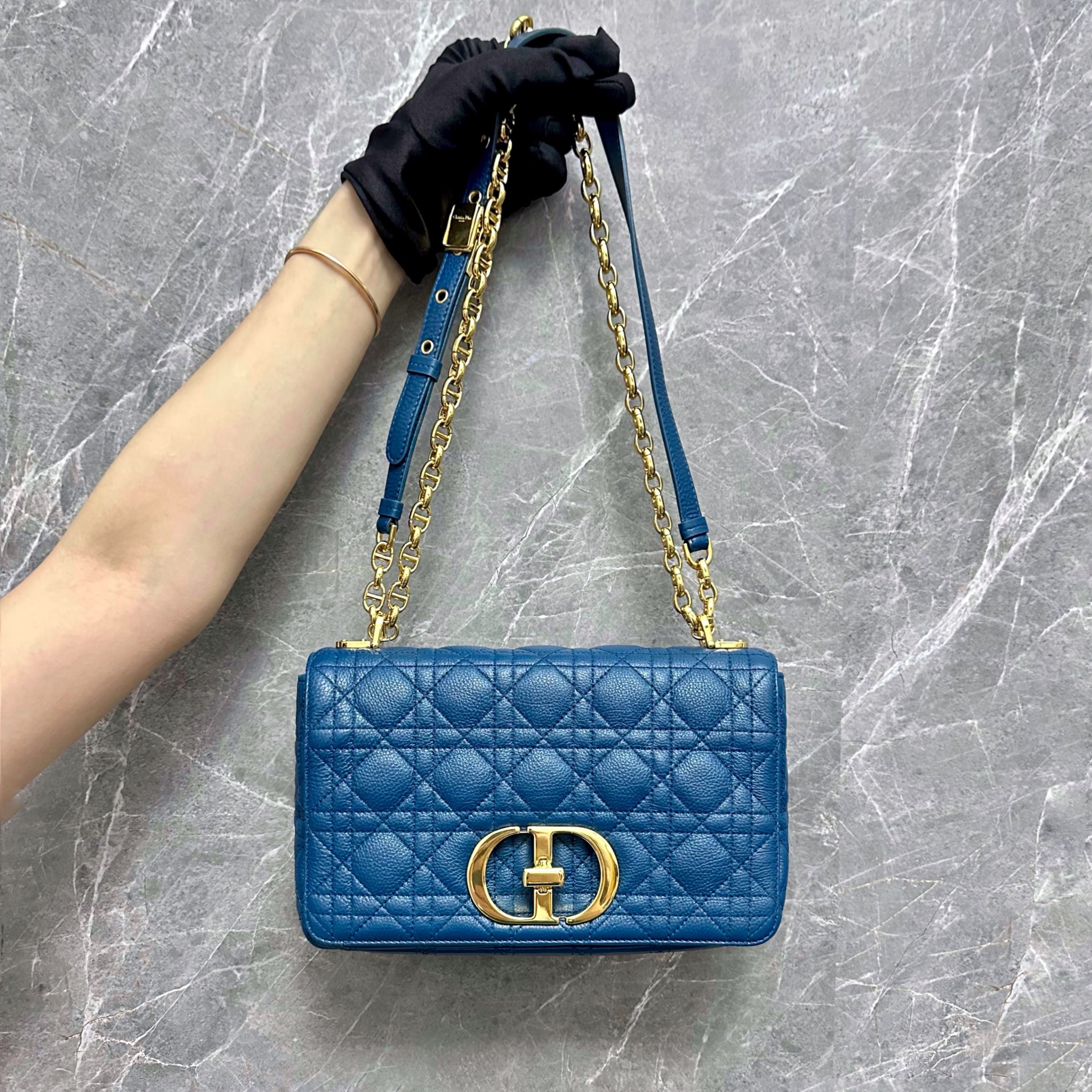 Dior Caro Medium Calfskin Shoulder Bag Blue GHW - Luxury Evermore