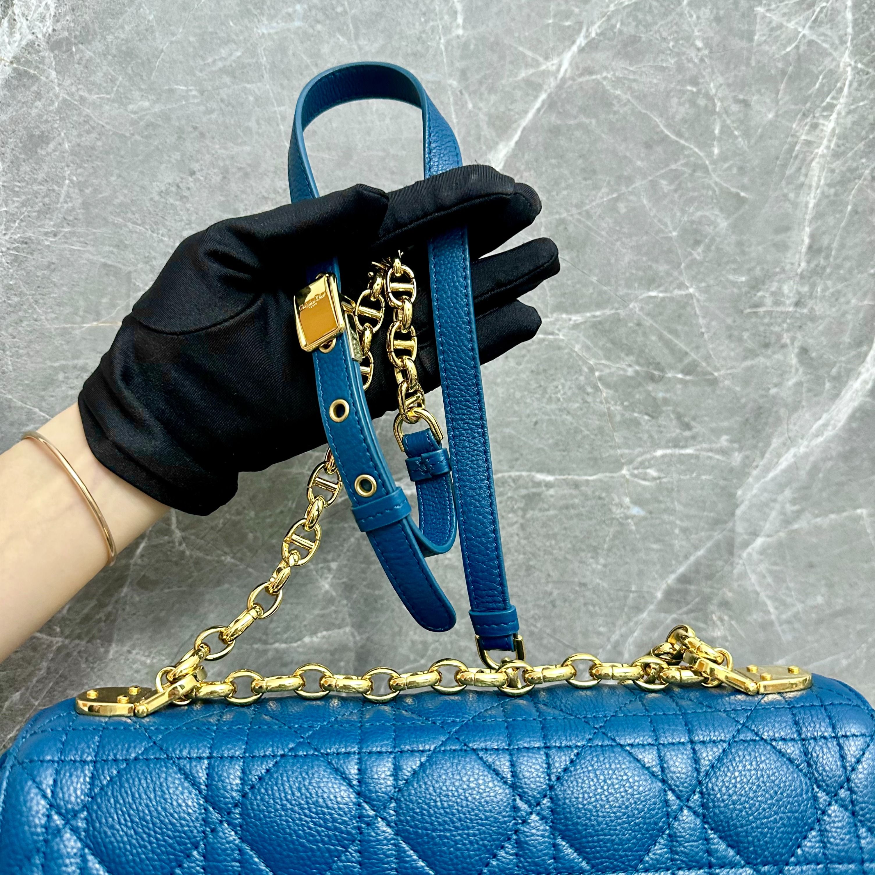 Dior Caro Medium Calfskin Shoulder Bag Blue GHW - Luxury Evermore